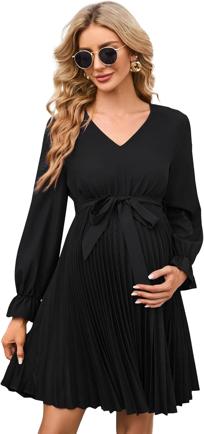 Womens Maternity Long Puff Sleeve Pleated Dress V Neck Ruffle Casual Flowy Belted Midi Dress Baby Shower Photoshoot