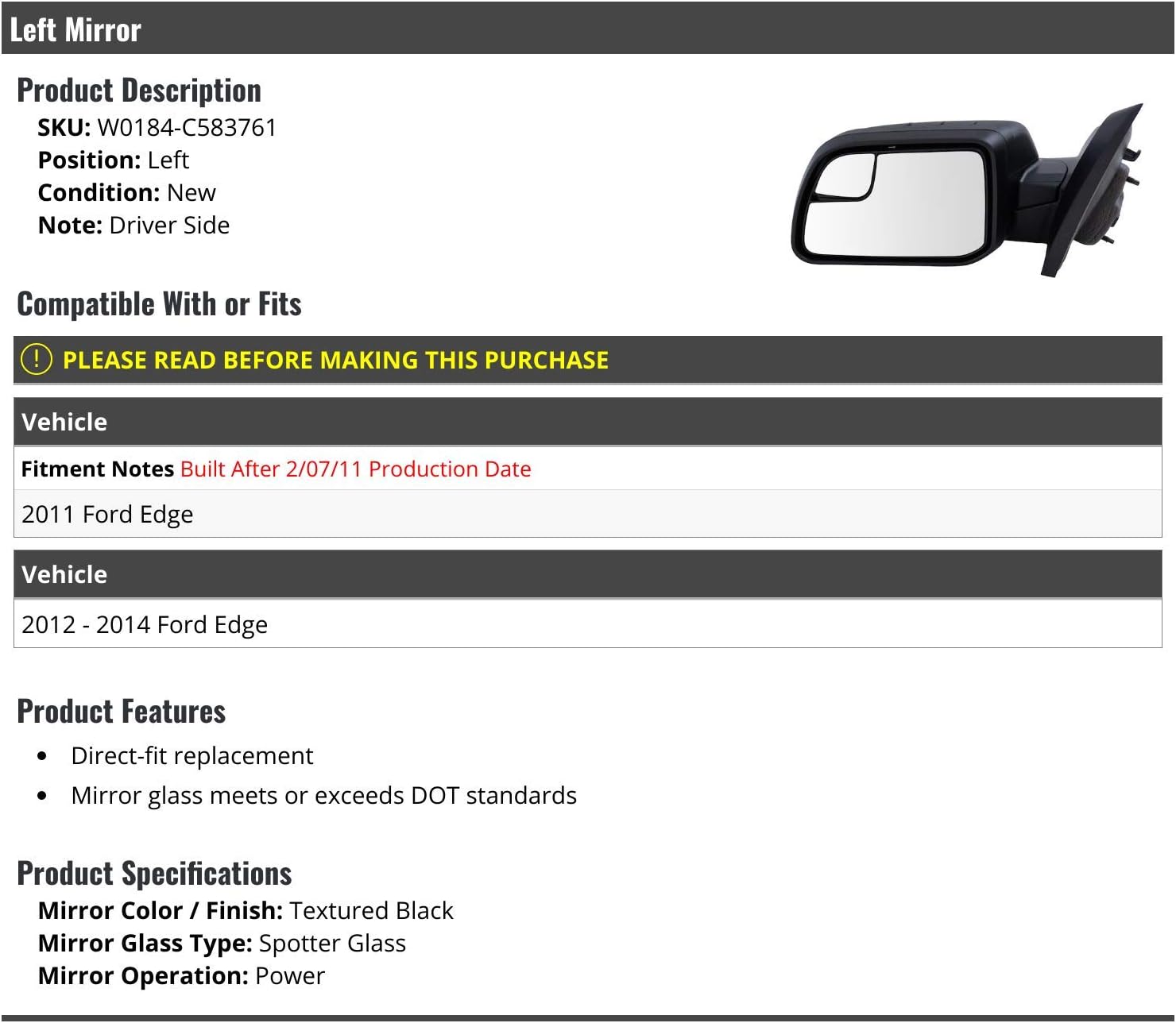 Left Driver Side Power Mirror - Textured Black - with Spotter Glass - Compatible with 2011-2014 Ford Edge (from 02/07/2011)