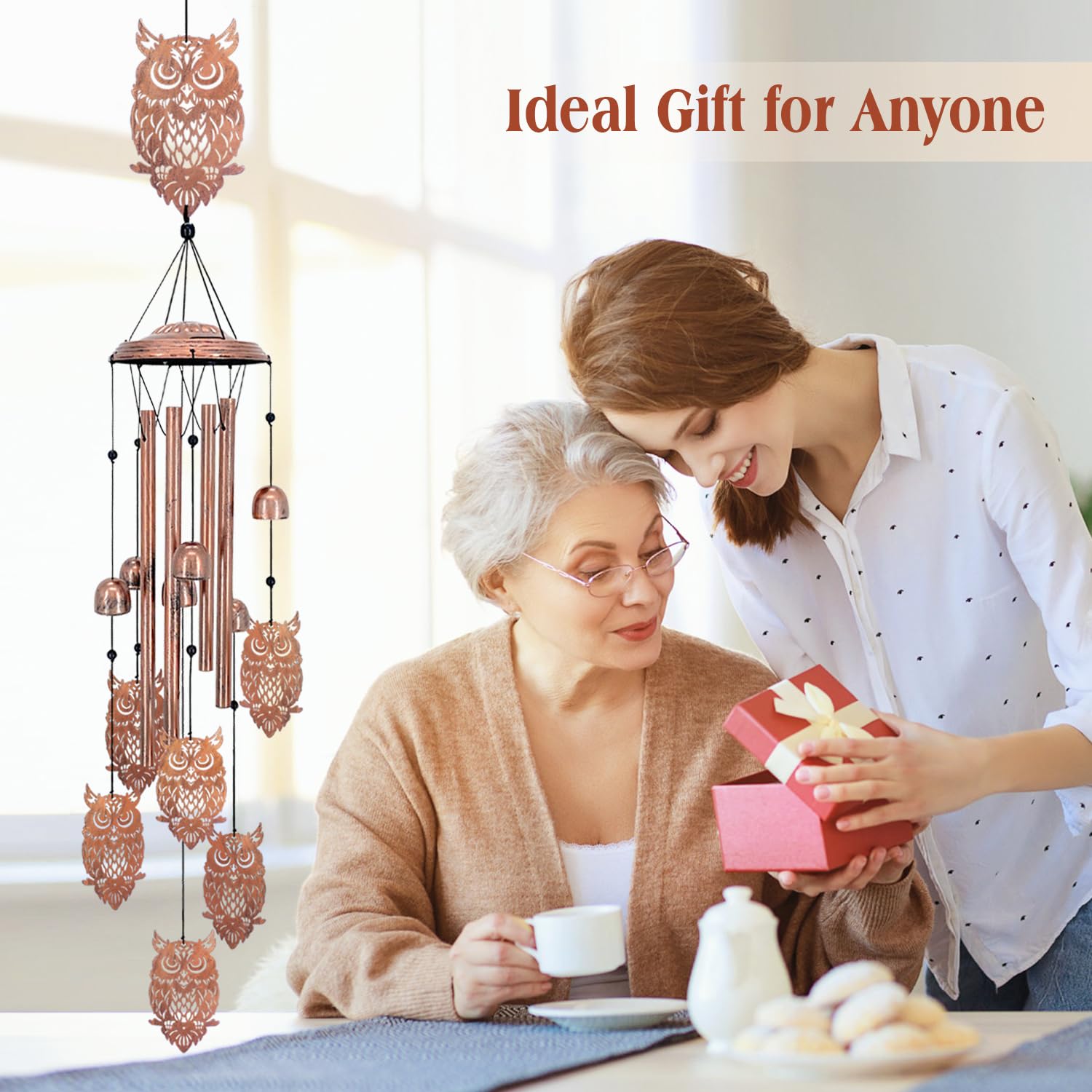Windspiel mit Eulen, Geschenke mit Eulen für Frauen/Männer/Mutter/Frau/Oma, Geburtstagsgeschenk, Gedenkgeschenk, Metall-Windspiele für draußen/drinnen, Rasen, Terrasse, Veranda, Hof, Gartendeko