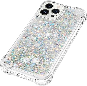 Case for iPhone 16 Pro Max,Clear Liquid Glitter Case Air-Cushion Drop Resistant Bling Shiny Sparkle Flowing Shockproof Soft TPU Bumper Shell Slim Cover,Silver heart