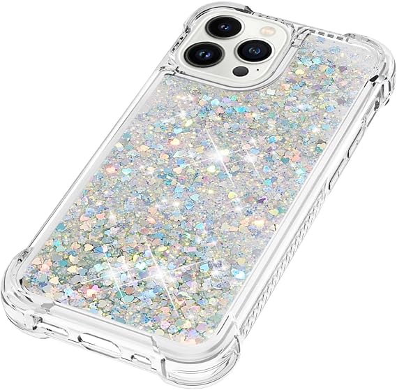 Case for iPhone 16 Pro Max,Clear Liquid Glitter Case Air-Cushion Drop Resistant Bling Shiny Sparkle Flowing Shockproof Soft TPU Bumper Shell Slim Cover,Silver heart
