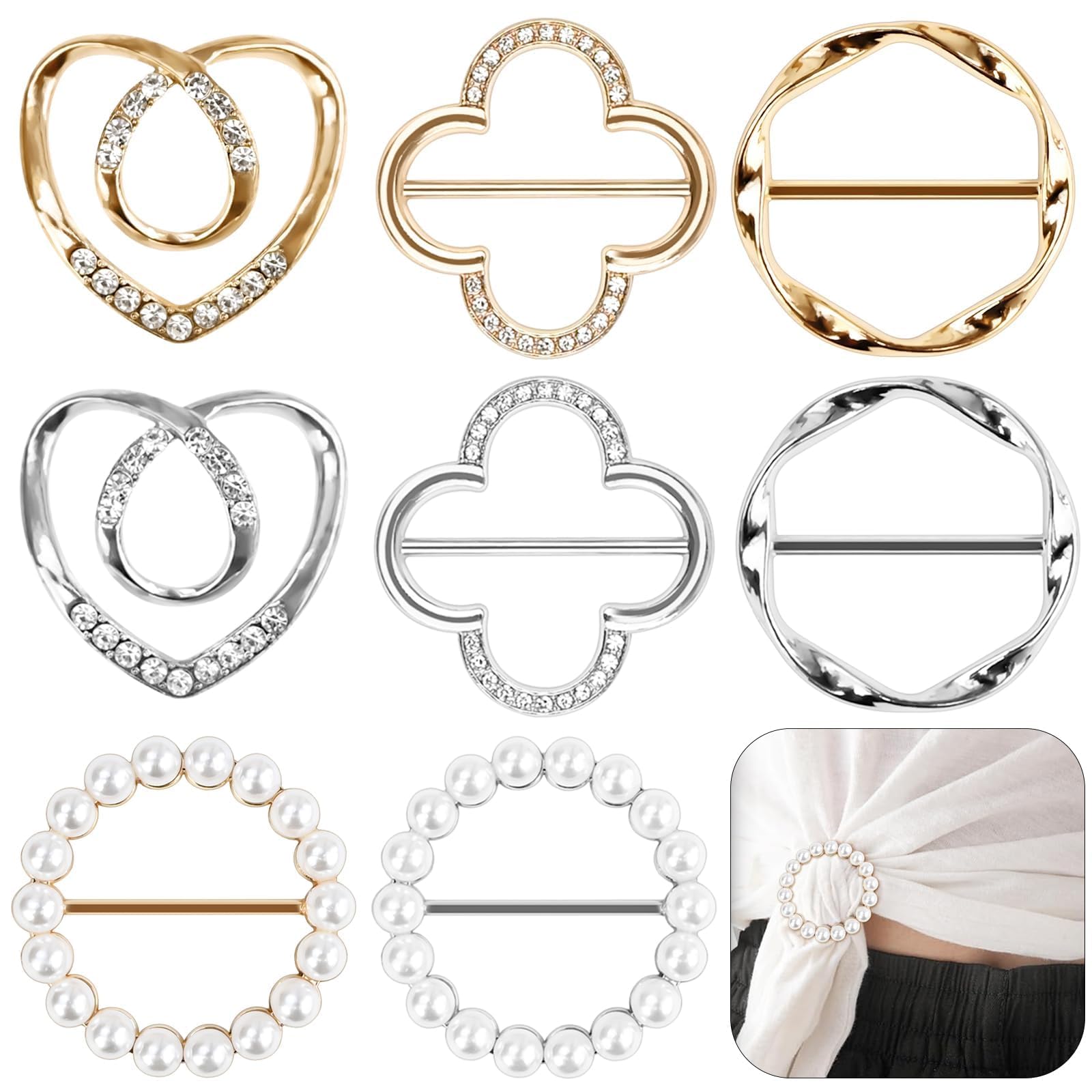 8 Stück Gürtelschnalle Damen, Metall Schalring Tuchring T Shirt Clip T-Shirt Schal Clips Perlenschal Schnalle Modische Accessoires Krawattenringe Brosche für Schal Hemd Taillenmie