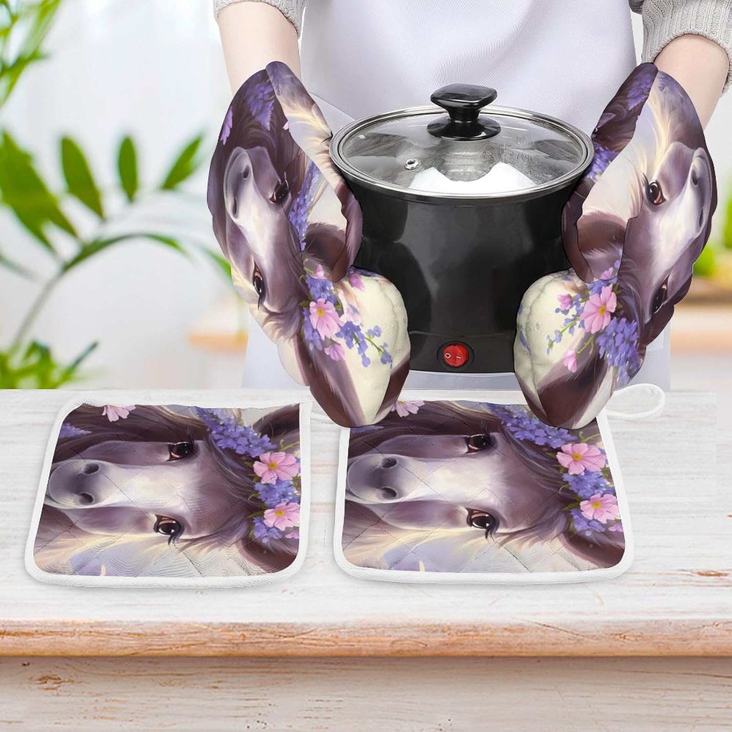 Flower Cute Donkey 4 Pcs Oven Mitts and Pot Holders Set High Heat Resistant Long Kitchen Oven Glove Potholders