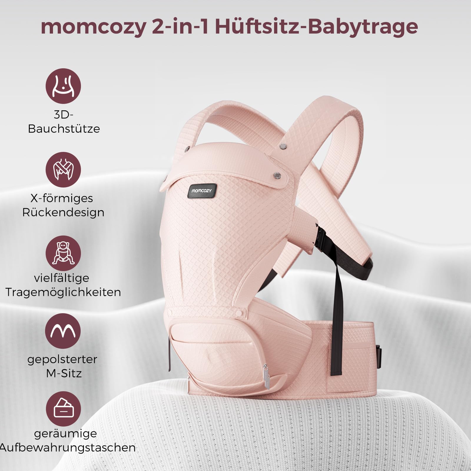 Momcozy Babytrage mit Hüftkissen 2-in-1 bis 20kg Rosa | 6 Tragepositionen, abnehmbarer Hüftsitz, 3D-Mesh, verstellbar bis 120cm