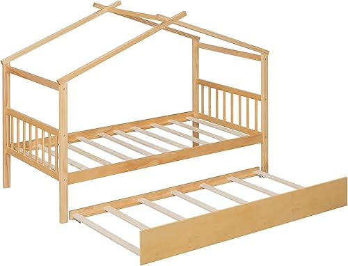 Miniatura 240 de Merax Cama de madera de tamaño individual con dos cajones, marco de cama de madera con techo para niños, adolescentes, niños o niñas, gris