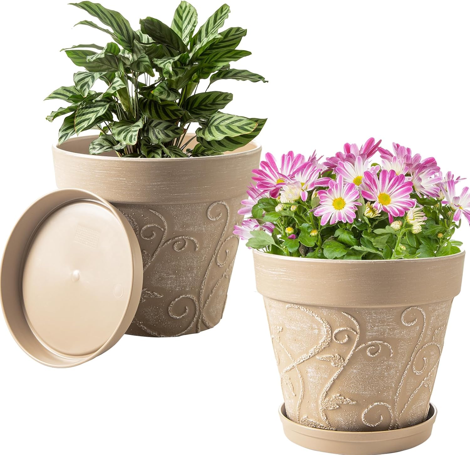 Melphoe Plant Pots Indoor with Drainage & Saucer, 2Pack 10 inch Flower Pots Outdoor Planters for Indoor Plants Garden Home Decor Cactus Succulent, Rigid Plastic (Imitation-Terracotta) Vine-Embossed Undecorated Pottery Color 10''