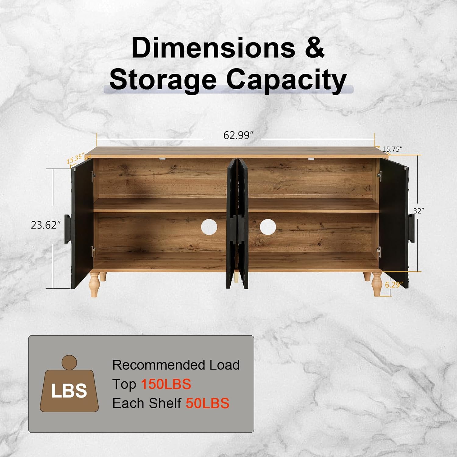 63" Curved Flower Door Sideboard Buffet with Metal Handles, 4 Vertical Doors & Adjustable Shelves, Modern Table Coffee Bar Wine Bar Storage Console Cabinet for Kitchen & Living Room