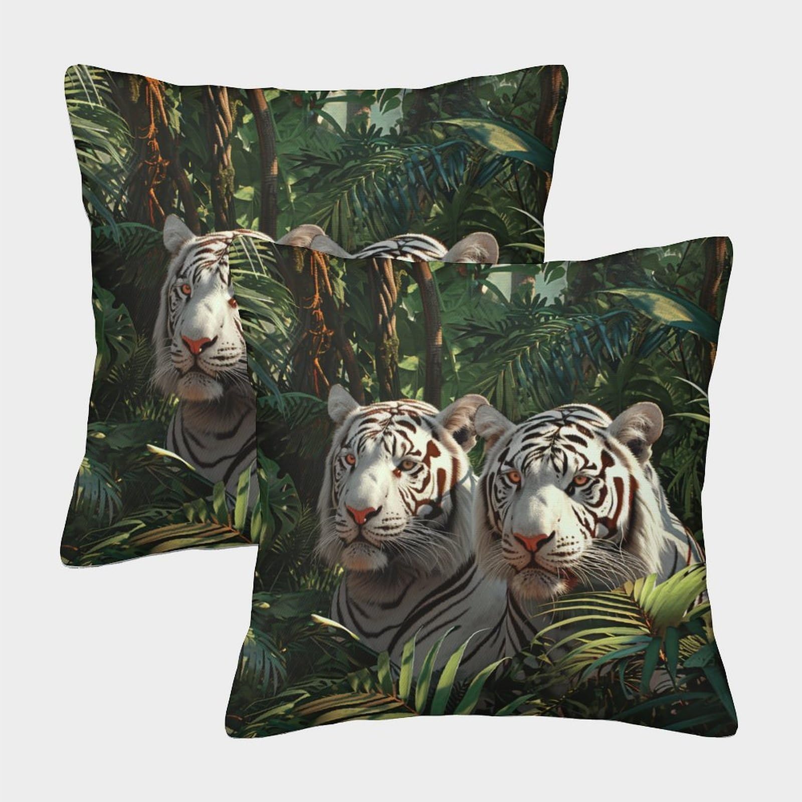 kaiyun 2 Pack White Tiger - Tropical Jungle 3D Cushion Cover Pillow Cover Sofa Outdoor Decoration Square 45x45cm