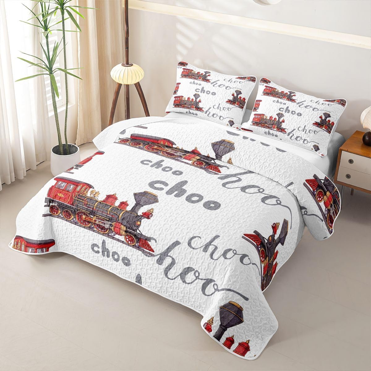 Feelyou Cartoon Car Quilt Sets Kids Train Twin Quilt Bedspread Boys Girls Choochoo Rail Roads Tracks Decor Quilt Bedspread Microfiber Train Construction Bedding Set