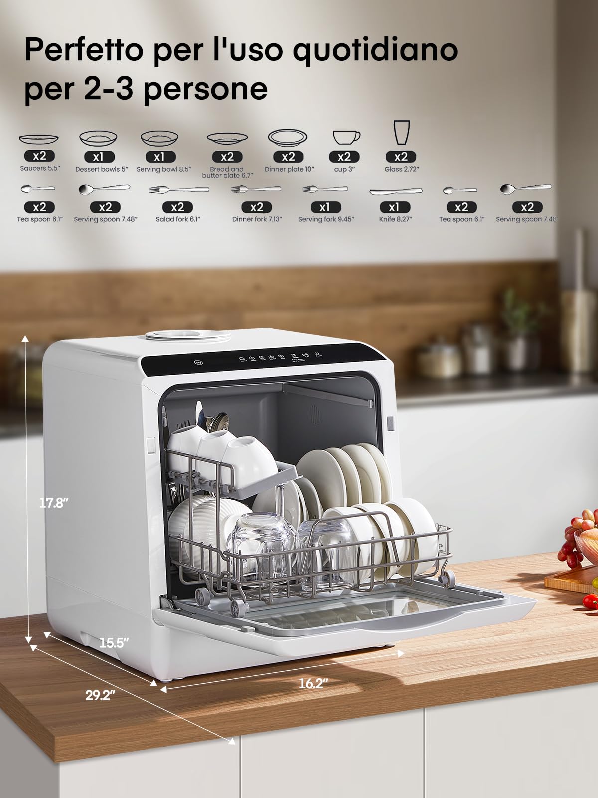 Mini Lavastoviglie da Tavolo, lavastoviglie portatile da 5L, 5+1 Programmi, Avvio Ritardato 1–6h, 2 Modi di Approvvigionamento Idrico, Touch Control e Display LED, Ideale per Cucine, Apt e Dormitori
