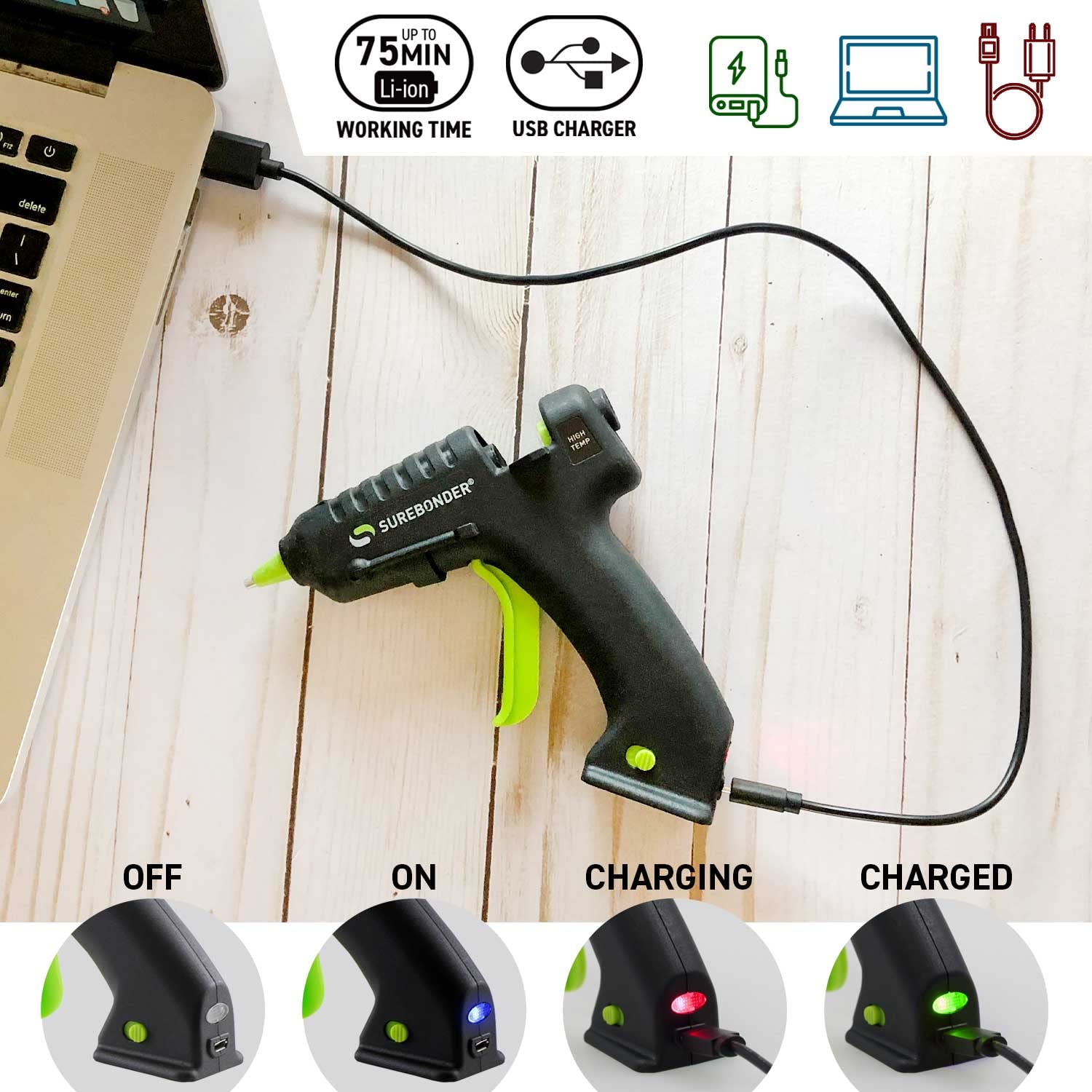 Surebonder USB-195 zasilany baterią mini rozmiar pistolet do klejenia na gorąco, wielokolorowy, 0,2 kg