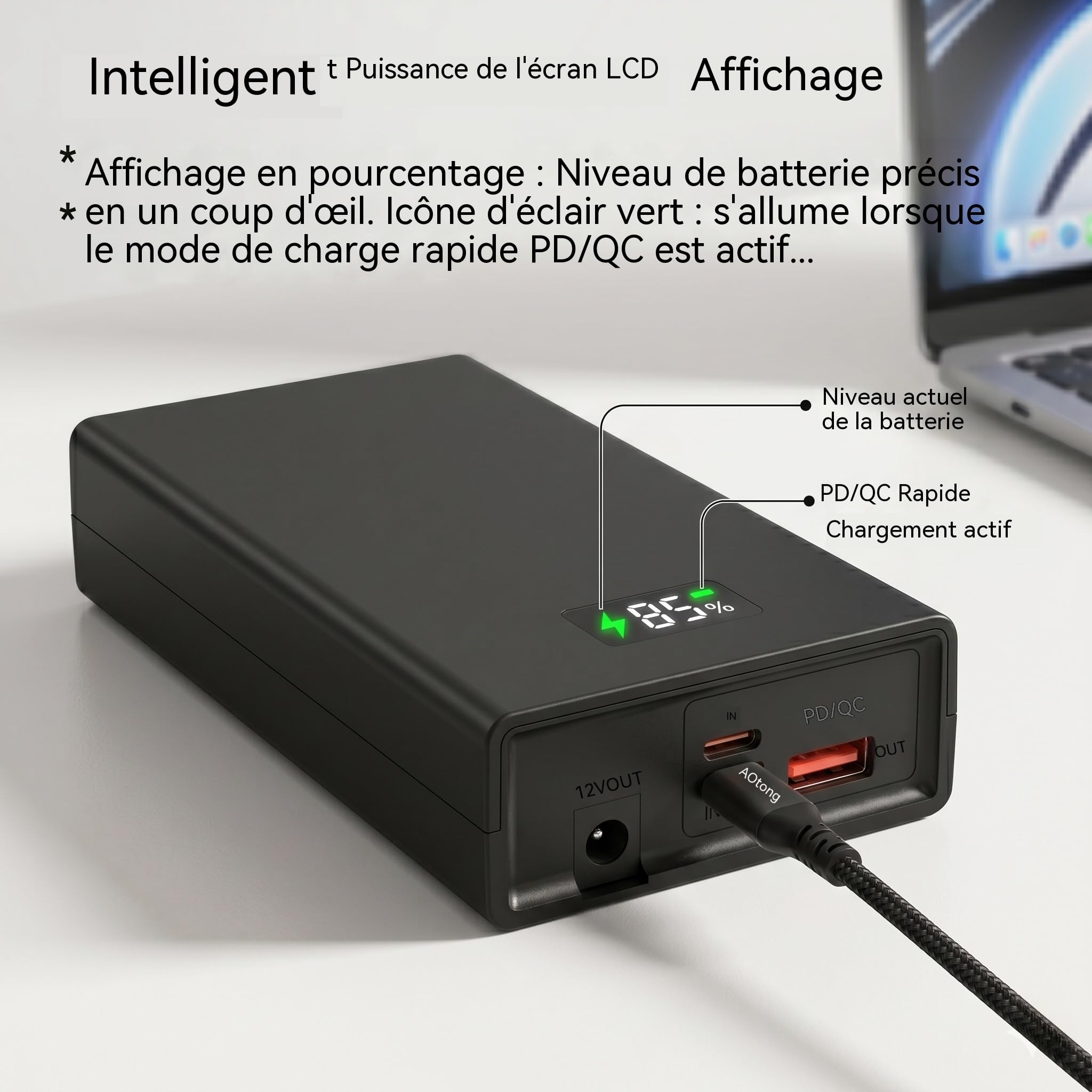 Batterie Externe 10000mAh Charge Rapide PD 30W & QC, Port de Sortie DC 12V/3A pour Vêtements Chauffants et PC Portables, Double Entrée, Power Bank pour iPhone, Samsung, Tablette, Routeur, Smartwatch