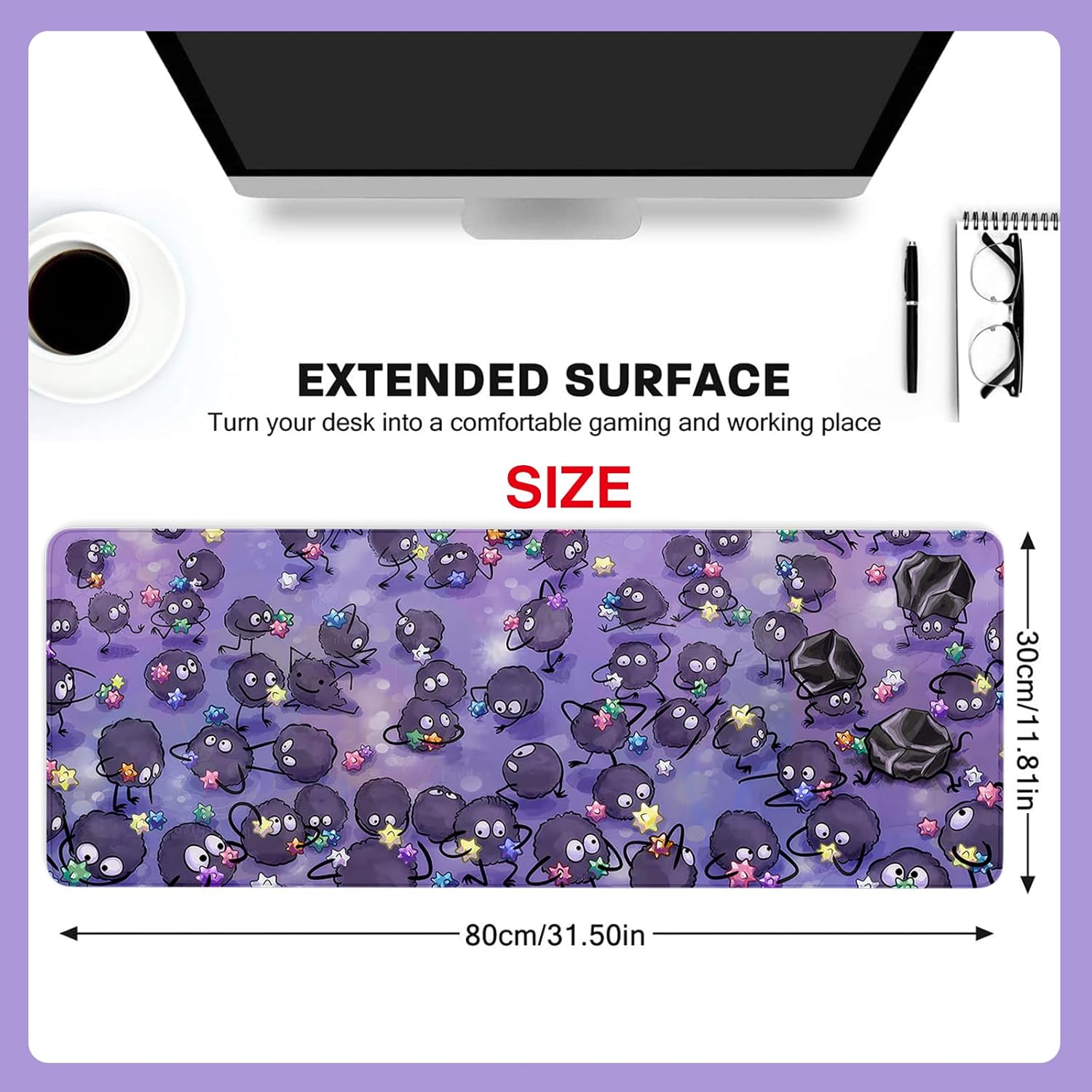 Anime Cute Soot Sprite Large Mouse Pad Desk Mat 11.8×31.5 Inch with Non-Slip Rubber Base Stitched Edge Mouse Pad for Computer Laptop Office Accessories Decor - Image 2