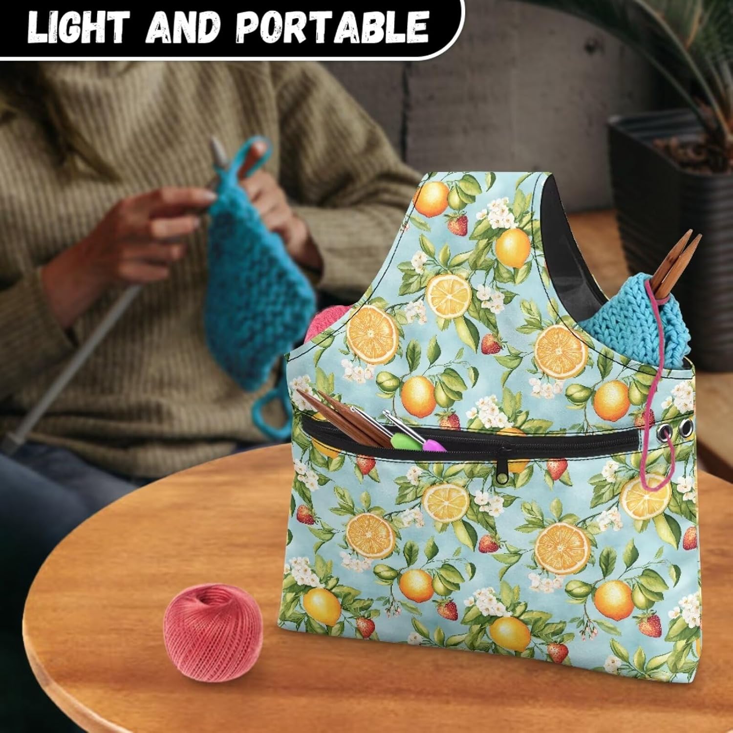 ASQVTUFE Orange Flower Yarn Tote for Crocheting Project Crochet Storage Bag for Women Girls at Home Travel Large Knitting Yarn Storage Bag Organizer Lightweight for Holding Yarn Crochet Needles
