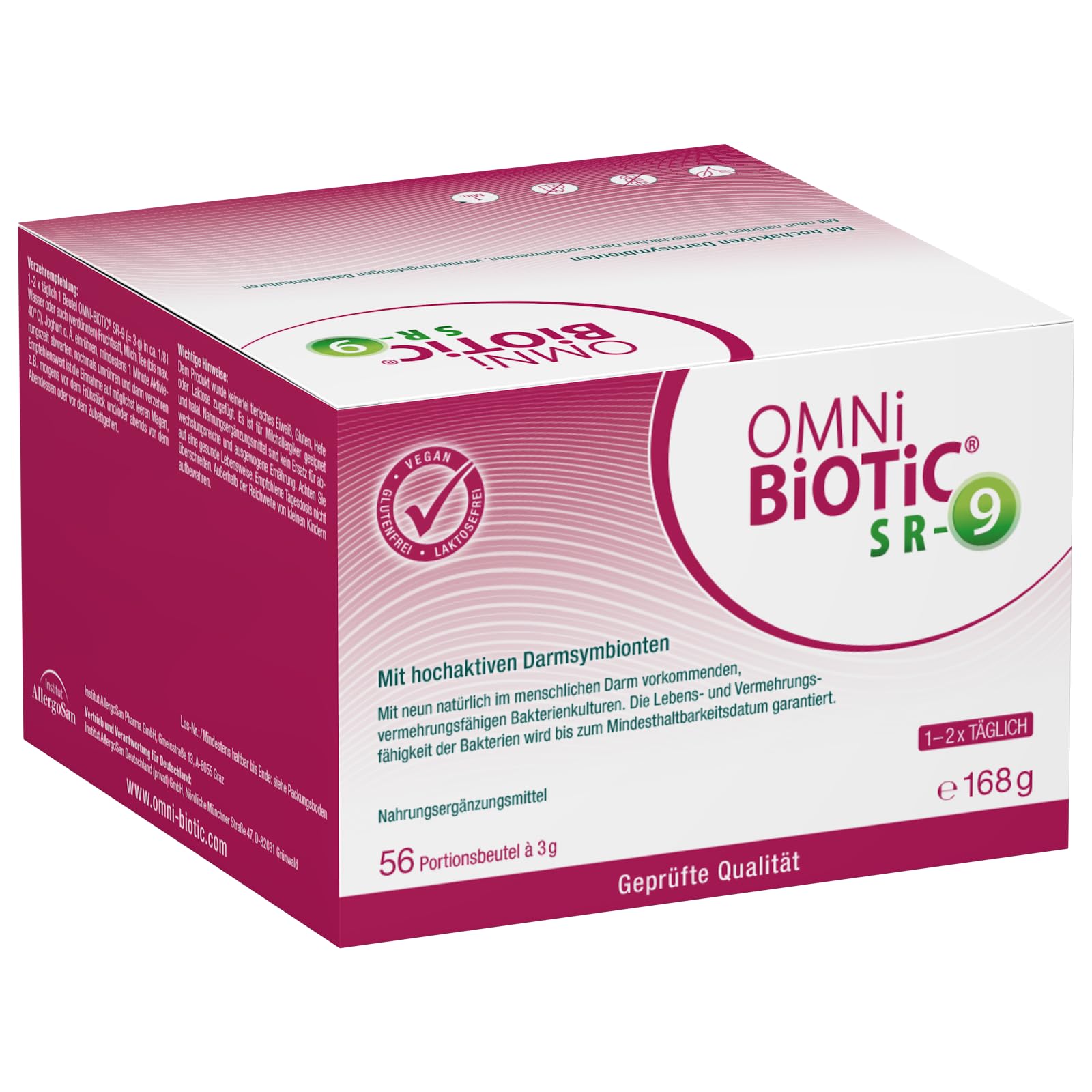 OMNi BiOTiC SR-9 | 56 porciones (168 g) | 9 cepas de bacterias | 15 mil millones de gérmenes por dosis diaria | Polvo | Vegano | Sin gluten | Sin lactosa | Para uso diario