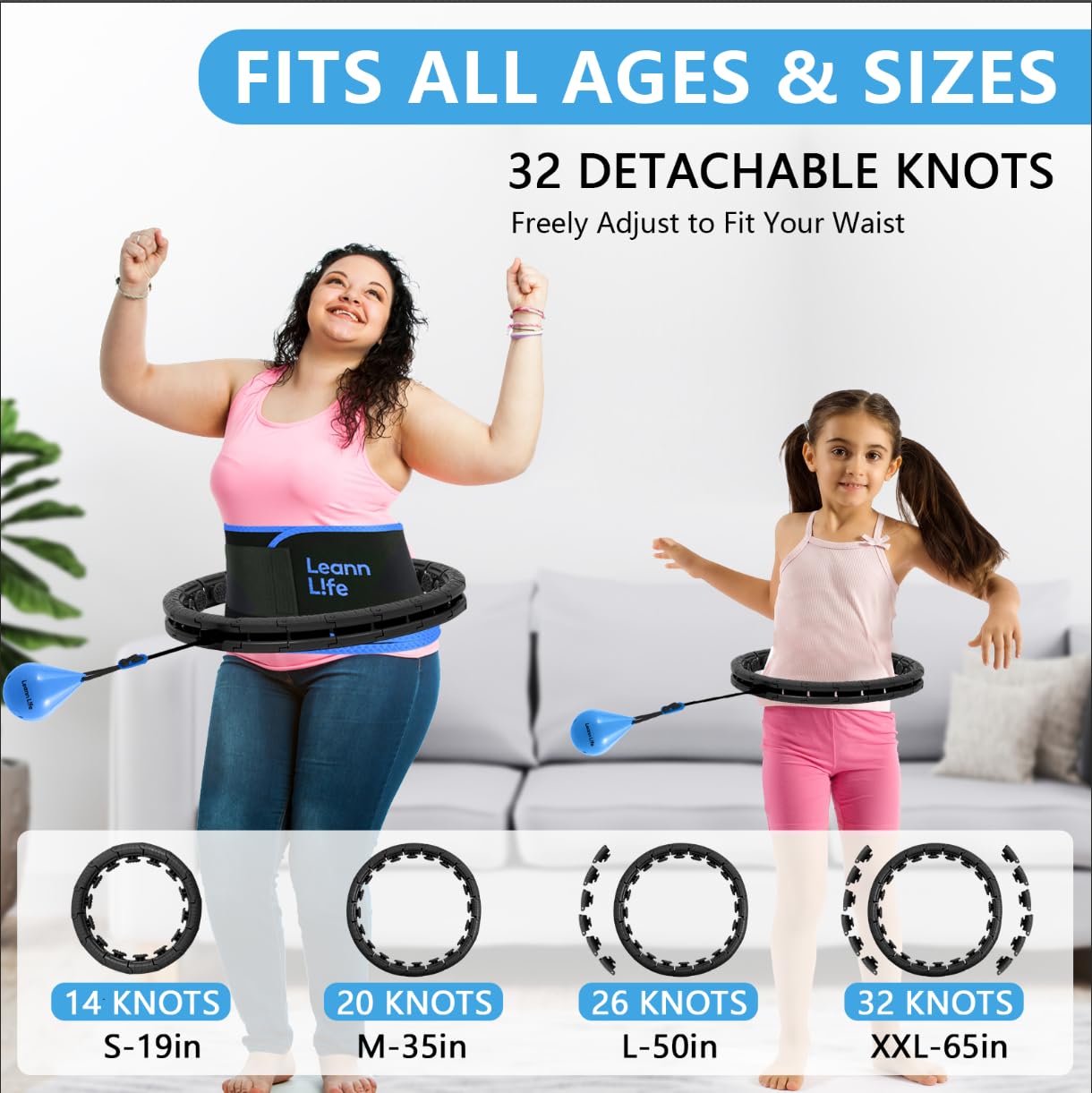 U1-32 Knoten, 45,7 - 165,1 cm, Magnetverschluss, intelligenter gewichteter Hula-Hoop-Reifen für Erwachsene, Gewichtsverlust, Infinity-Reifen, Übergröße, Fitnessübung, Bauchtrainer, 5