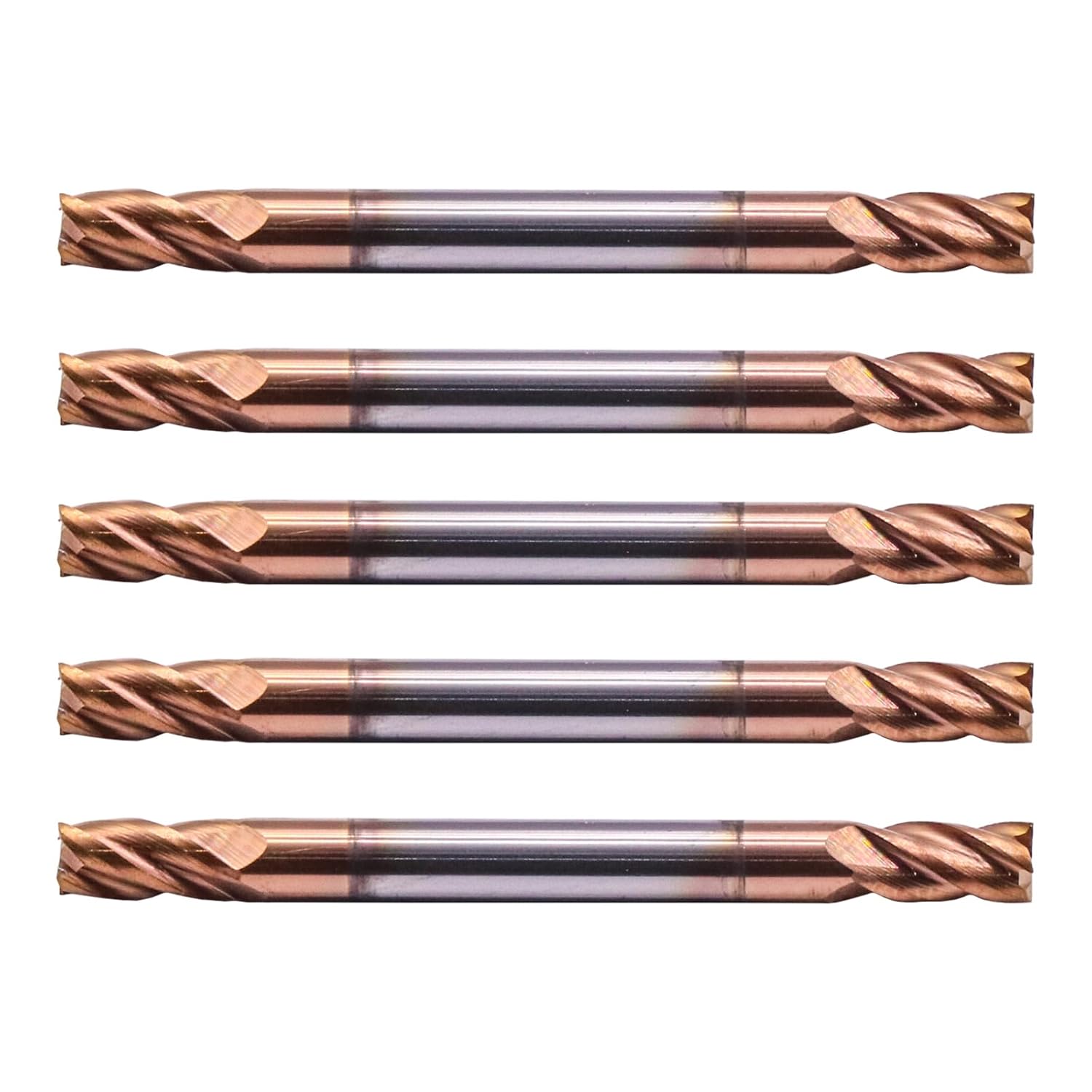 Solid Carbide Square End Mill Set (5pcs, 1/8in) - Double End - TiSiN Coated, 4 Flute, 35° Helix, 1/8" Cutting, 1/8" Shank, 1/4" LOC, 1-1/2" OAL for Milling Alloy Steel, Hardened Steel, Iron, Copper