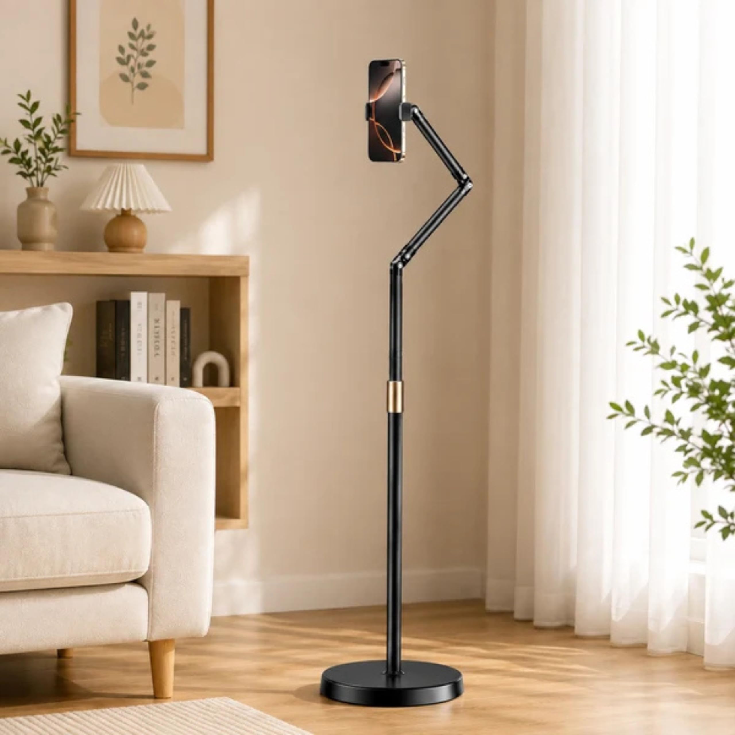 homero adjustable mobile holder floor stand, 118-163 cms height, round base | hands-free phone mount with bionic robotic arm, 360 degree viewing, anti-slip clamp for bed sofa desk kitchen home use, matte