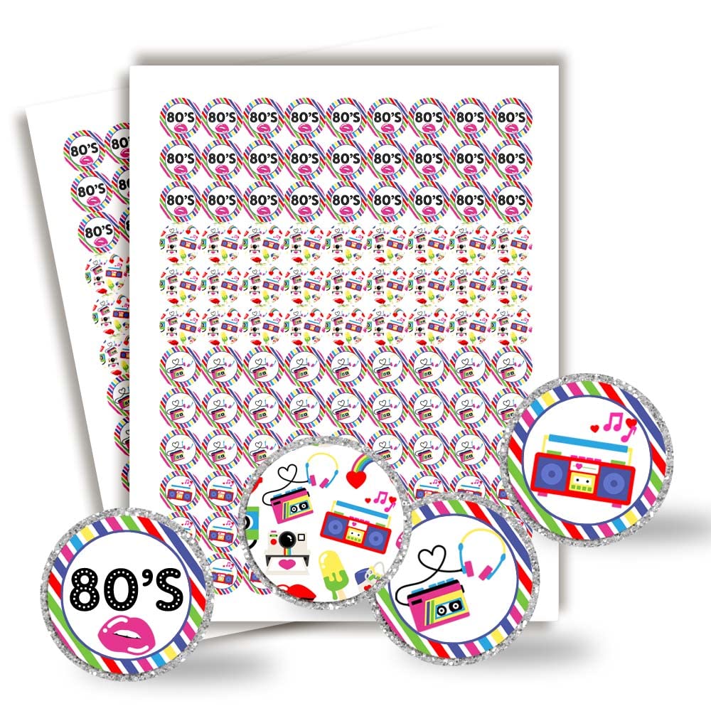 Totally Awesome 80's Themed Birthday Party Kiss Sticker Labels, 300 Party Circle Sticker, Sized 0.75” for Chocolate Drop Kisses by Amanda Creation,