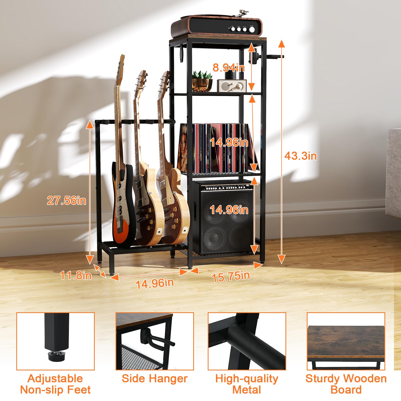 Multi Gitarrenständer Rack, Gitarrenständer mit 4 Halterungspositionen für Akustik-, E-Gitarre, Bass, Gitarrenständer für mehrere Gitarren mit 4 Ebenen Aufbewahrungsregalen für