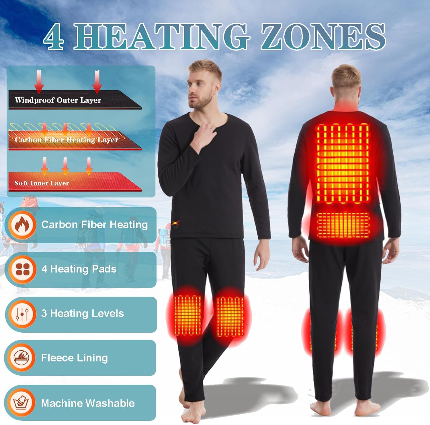 Heated Underwear Set for Women Men Long Johns Thermal Underwear Long Sleeves Base Layer Set Top Bottom