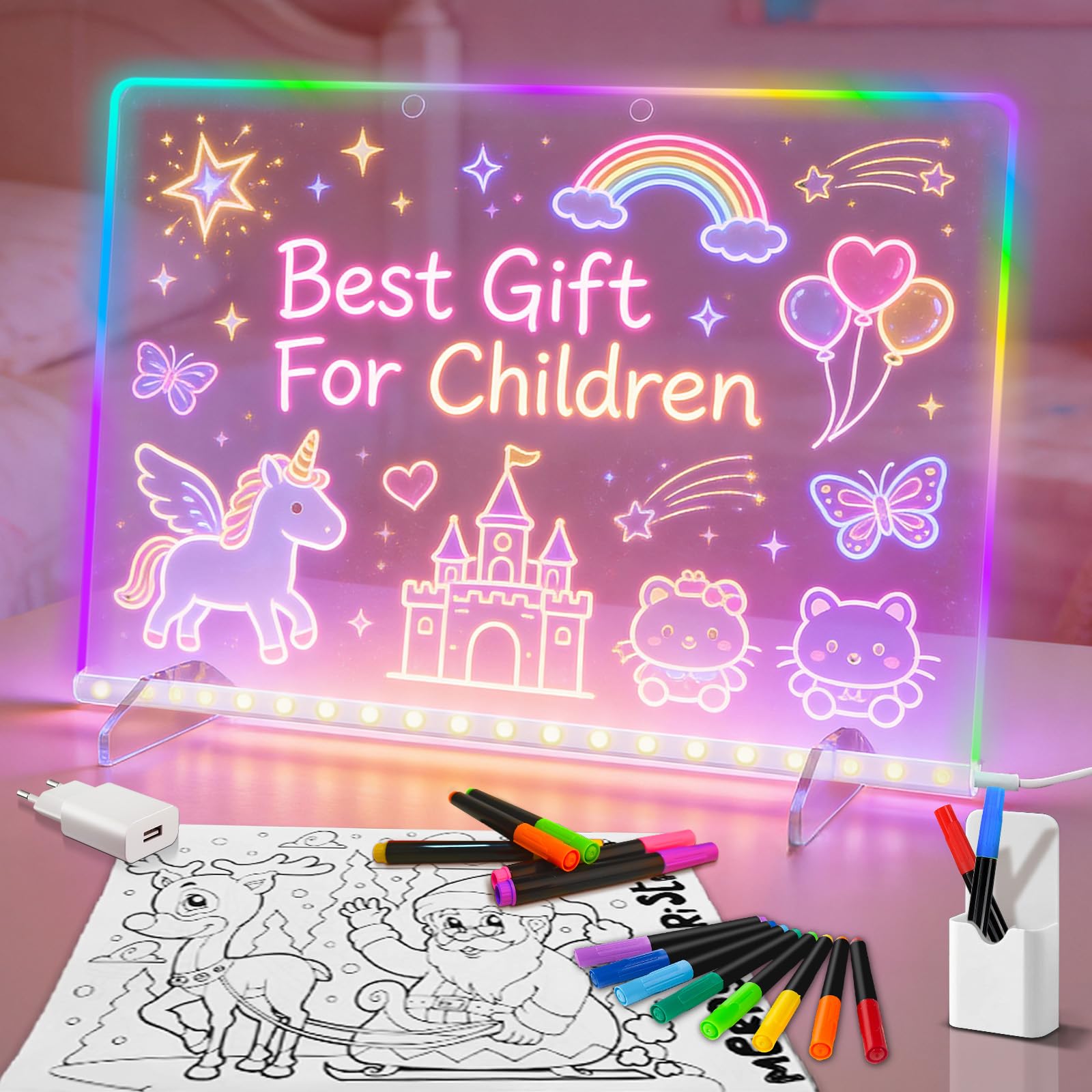 LED-Zeichenbrett mit 8 Farben und 6 Lichteffekten, LED Memoboard mit unsichtbarem Ständer, beleuchtete, trocken abwischbare Tafel mit 14 Farbstiften, Leuchtendes Led Zeichenbrett für Kinder
