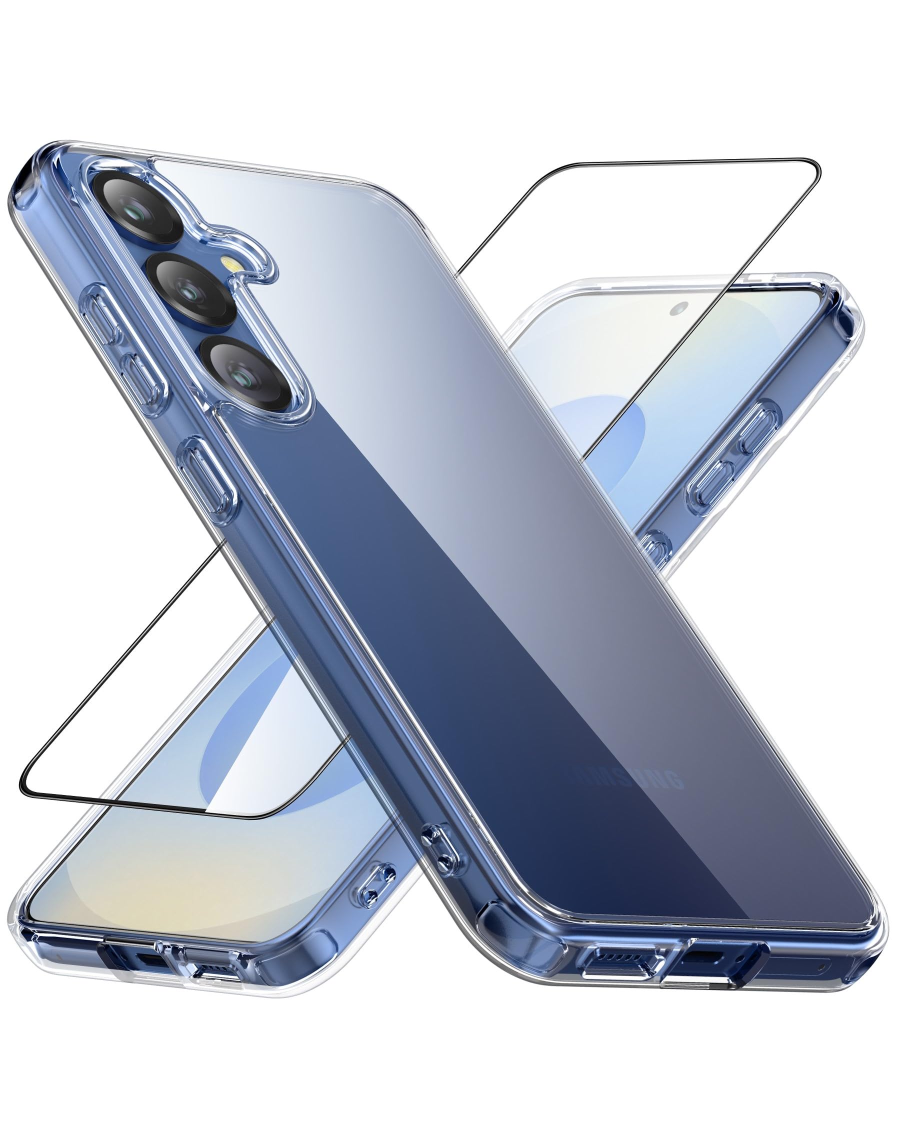 Cresee Thin for Samsung Galaxy S25 Plus Case + Screen Protector Tempered Glass, Clear Phone Case Hard Back + Soft TPU Bumper Hybrid Shockproof Cover