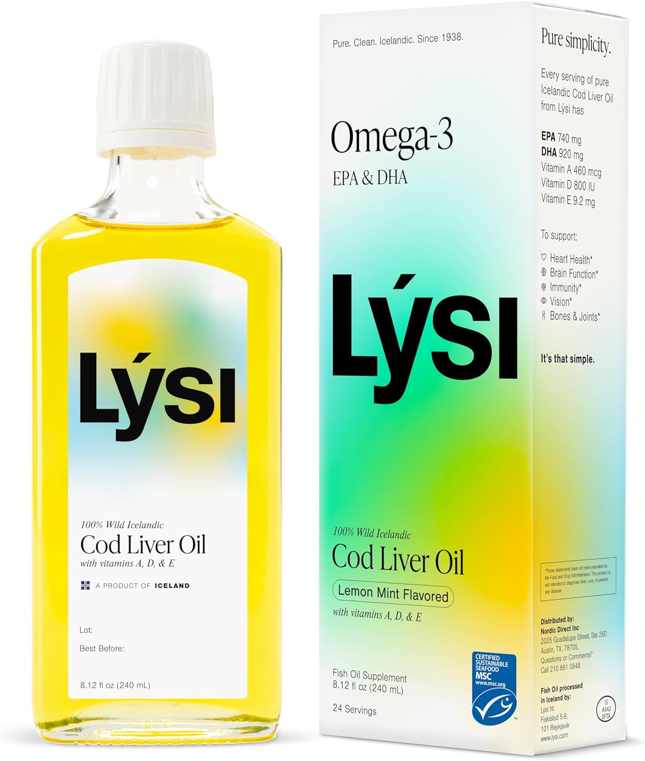 LYSI Icelandic Cod Liver Oil Liquid Supplement – 1,100 mg Omega-3 per Teaspoon – EPA 740 mg & DHA 920 mg per 2 TSP – with Vitamins A, D & E – Mint Flavor – 8.12 fl oz (24 Servings)
