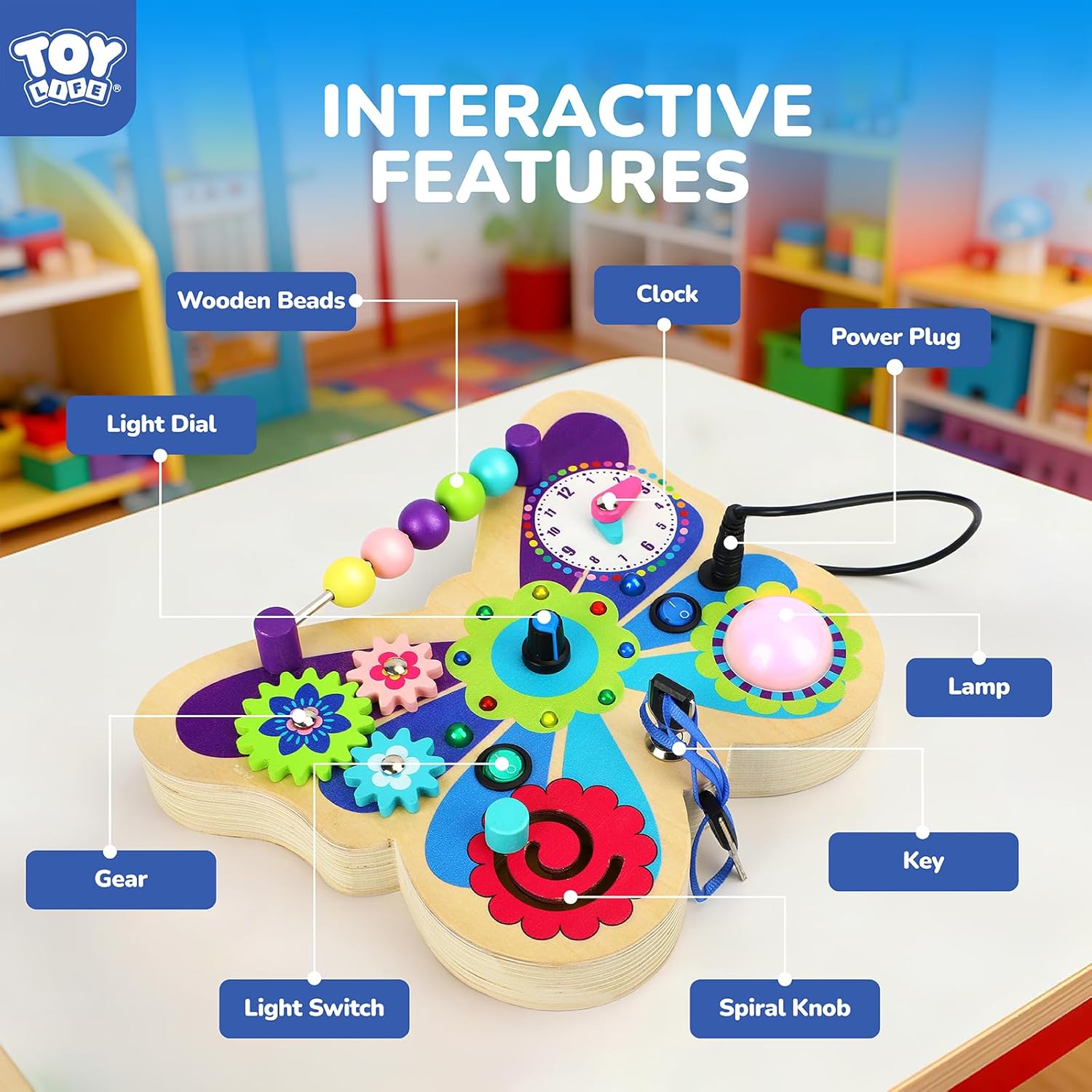 TOY Life Toddler Montessori Busy Board, Wooden Butterfly Sensory Board Toys with LED Light Up Switchs, Baby Busy Fidget Boards Travel Toys, Easter Birthday Gifts for 1+ Year Old Kids Girls Boys
