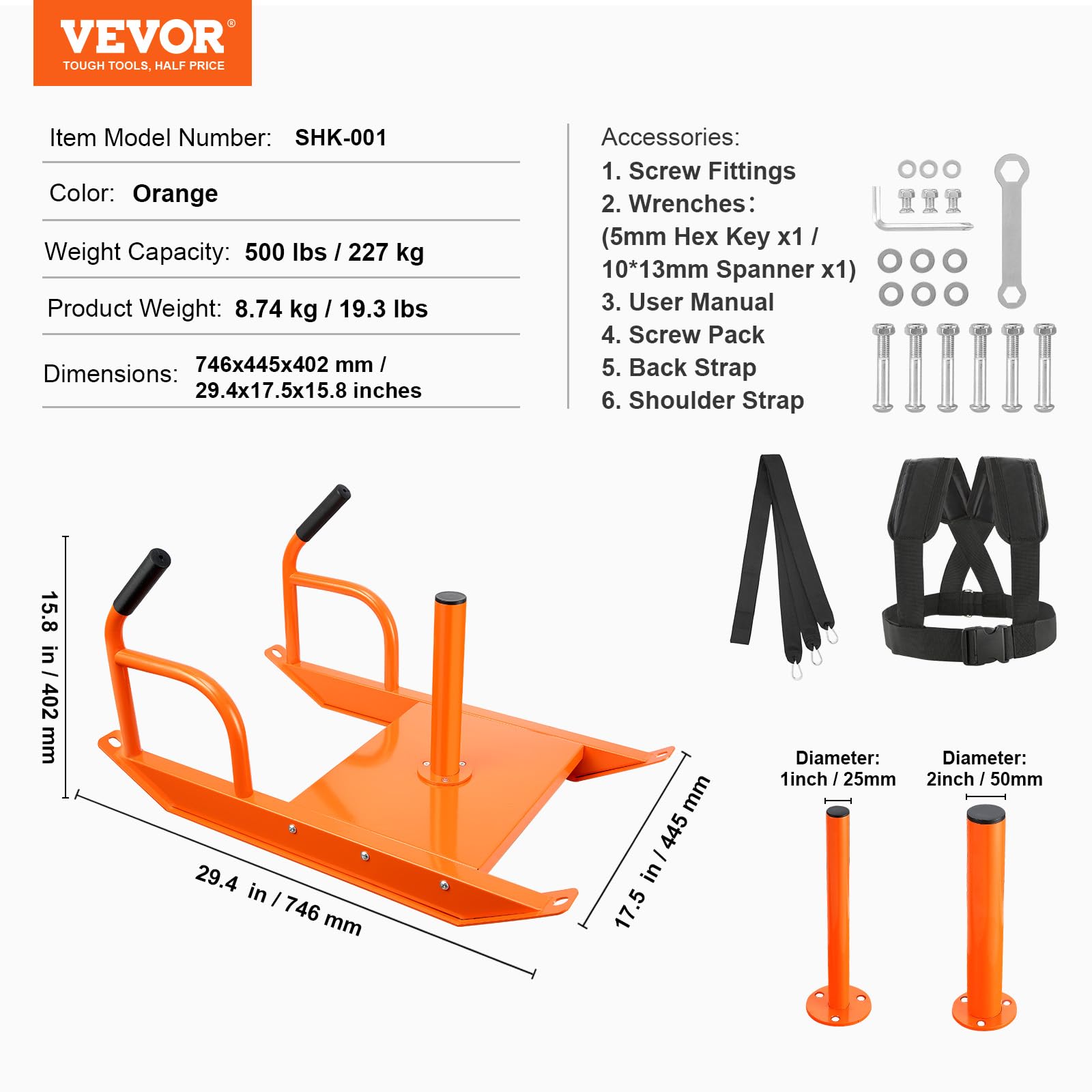 VEVOR Weight Pesas, Trineo Fuerza, Equipo de Entrenamiento de Acero para Ejercicio atlético y Mejora de Velocidad, Adecuado para Placas de Peso de 1 y 2 Pulgadas, Color Naranja, Unisex