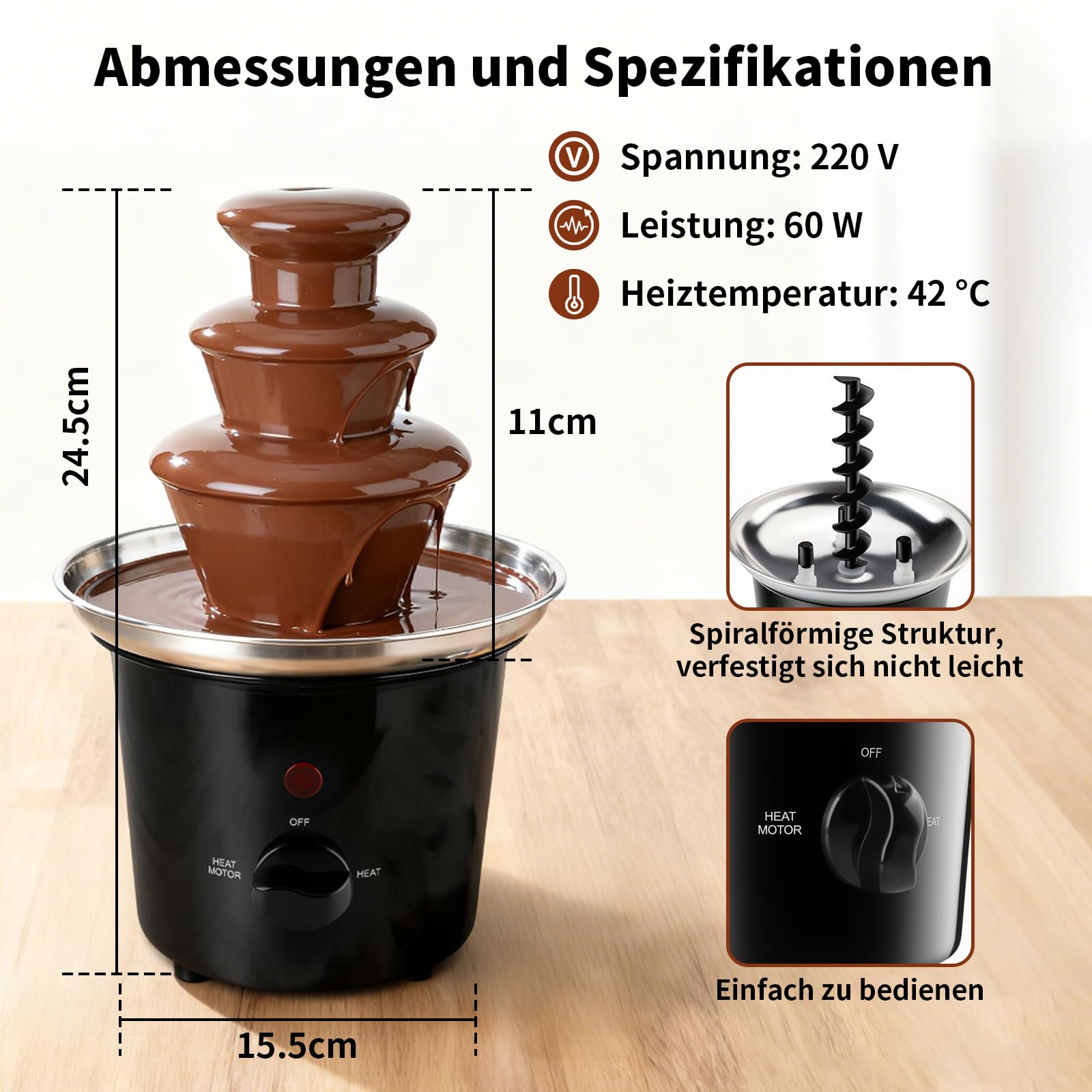 Dreamhigh® Schokoladenbrunnen 3-Stufig, 450ml Schokobrunnen Klein, Chocolate Fountain, Effiziente Heizung, Leicht zu Reinigen, für Geburtstage, Party, Familienversammlungen, Weihnachten, Silvester