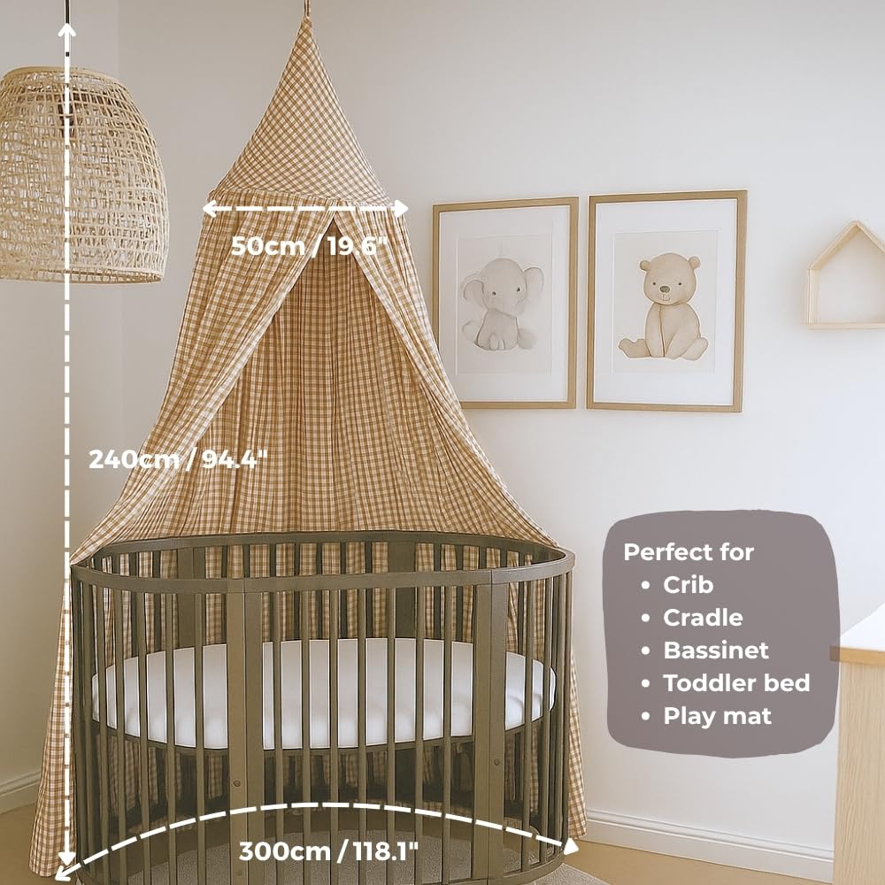 Wonder Space Kids Bed Canopy - Neutral Beige Gingham Checkered Design for Nurseries, W 19.7" x L 94.5" (1 Panels) - Image 3