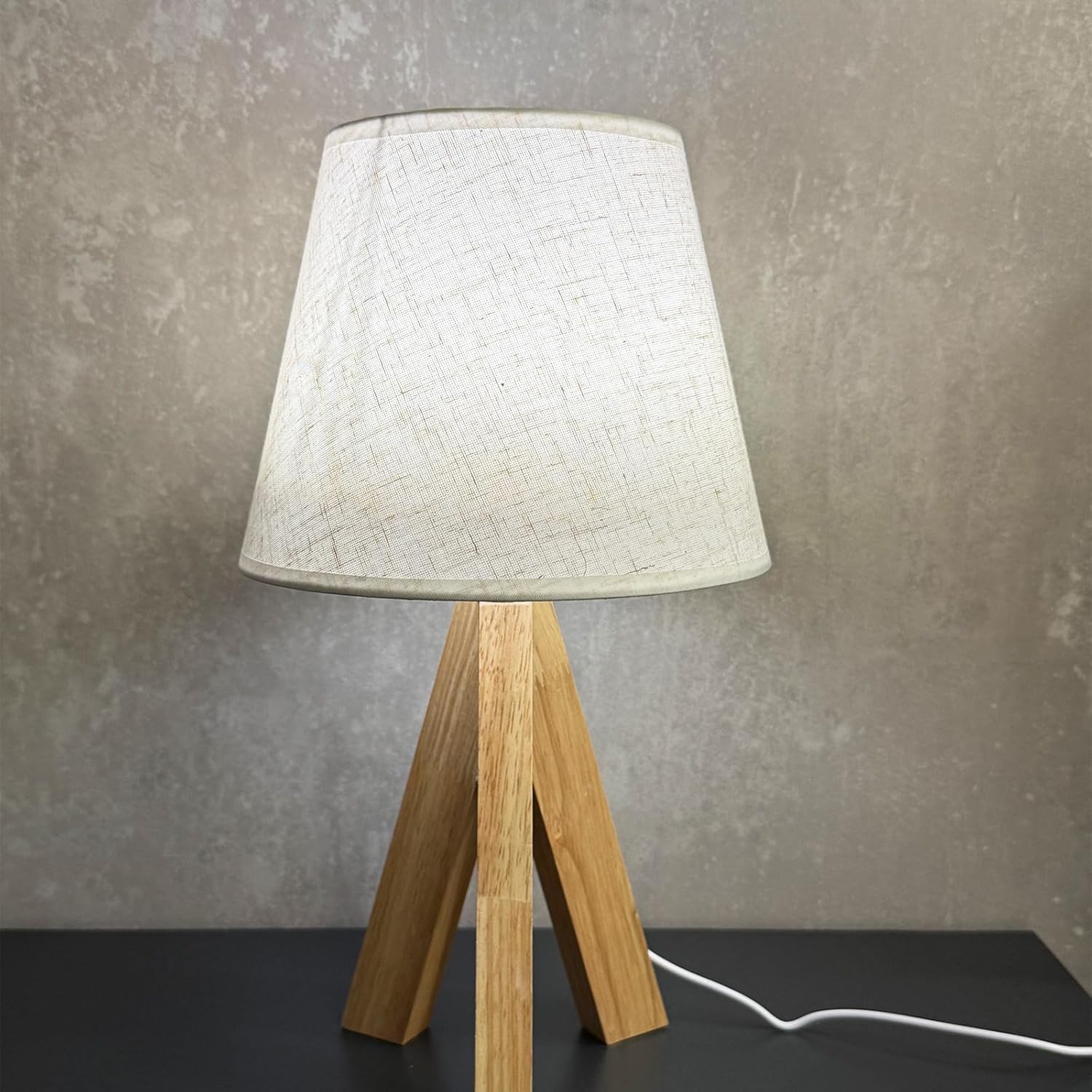 Tripod Table Lamp, Small Cute Bedside Lamp with Linen Beige Lampshade, Nightstand Lamp for Nursery, Bedroom, Kid Room, Living Room, Light Brown Wooden Base, E26 Socket, 12.8Inch, 3000K, 4500K, 6000K