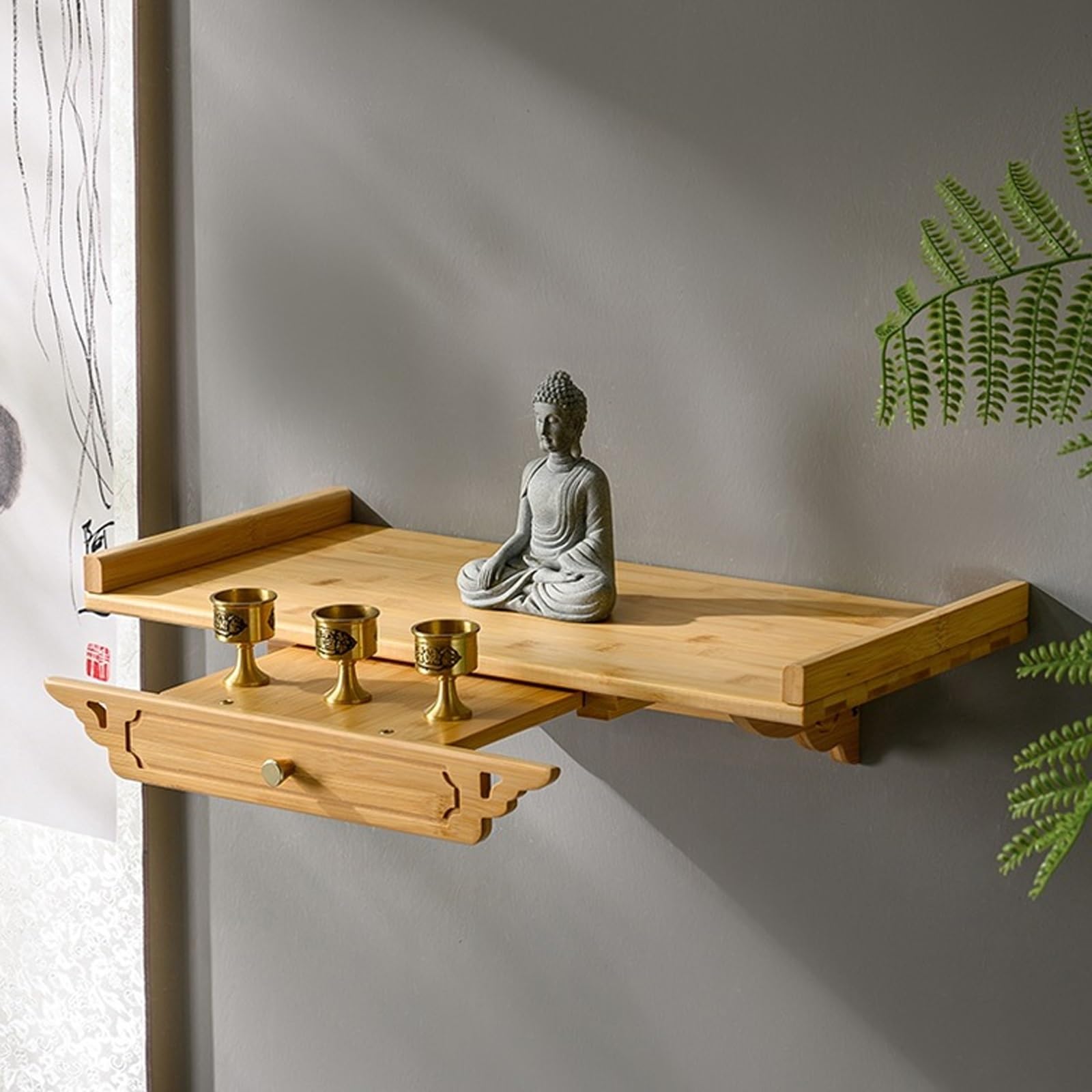 JNTFNE Wall-mounted Buddhist Altar With Drawers,wooden Shrine Table For Home Worship,antique-style Carved Offering Suitable Guan Yu,Guanyin,or Buddha Statues(Natural color,Length：15.7in)