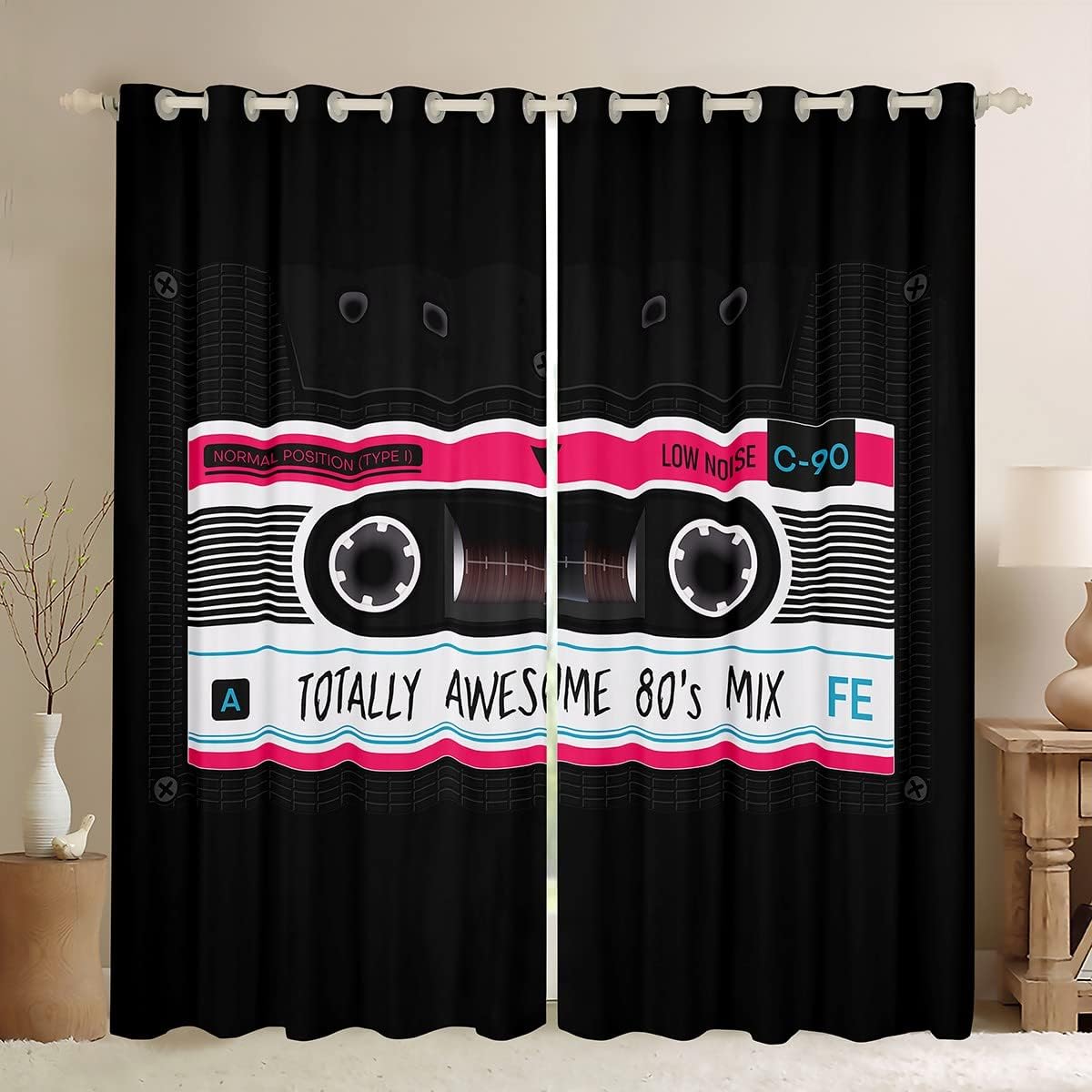 80s Party Window Curtains 76Wx45L,Audio Cassette Curtains Bedroom Living Room Kids Children,Vintage Music Theme Blackout Curtains,Retro Tape Window Drapes Music Art Style Window Treatments,Luxury