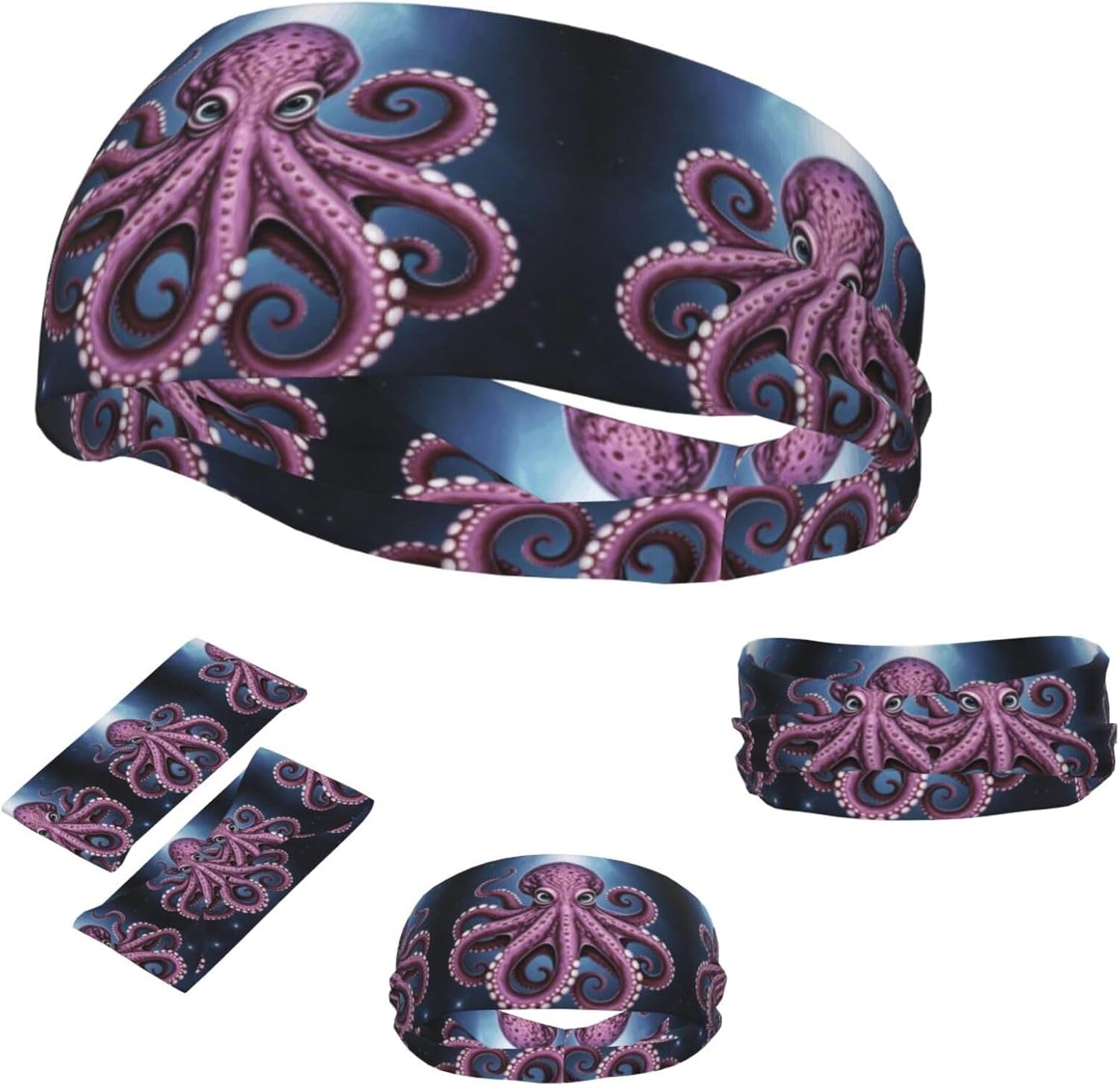Purple Octopus Sports Headband for Men Women Wide Elastic Hair Bands Moisture Wicking Workout Sweatband Fashion Non Slip Head Bands Running Bandana for Yoga Fitness
