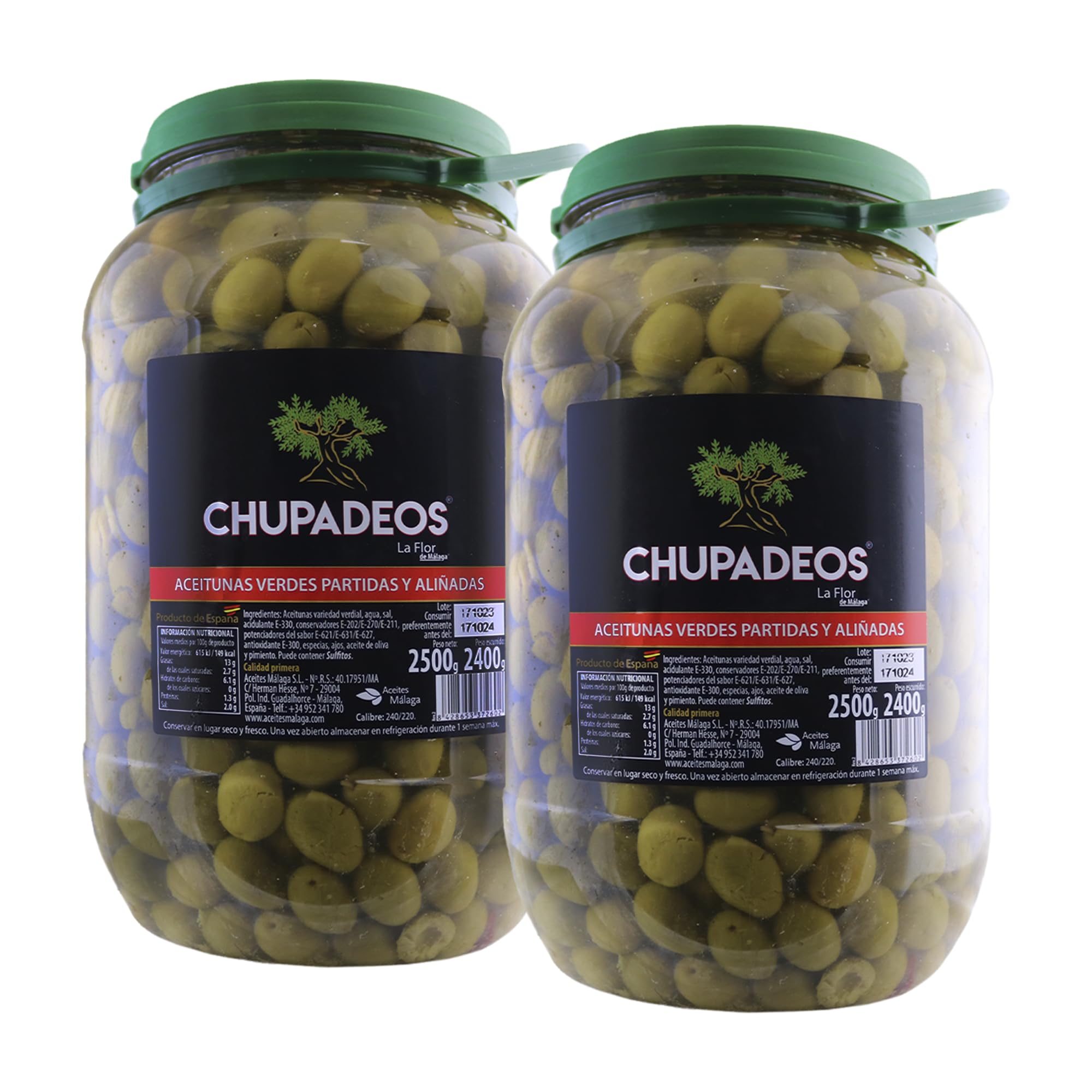 Aceitunas CHUPADEOS LA FLOR DE MÁLAGA | Bote PET 2'5 KG (2.22 KG ESC) | LA FLOR DE MALAGA
