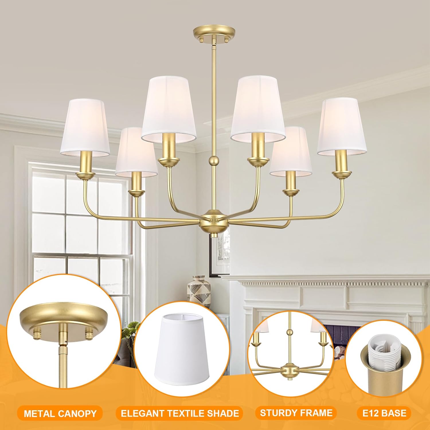 VINLUZ 6-Light Brushed Gold Chandelier with White Fabric Shades, E12 Base Industrial & Farmhouse Style Pendant Light Fixture, Elegant Adjustable Ceiling Light for Kitchen Dining and Living Room