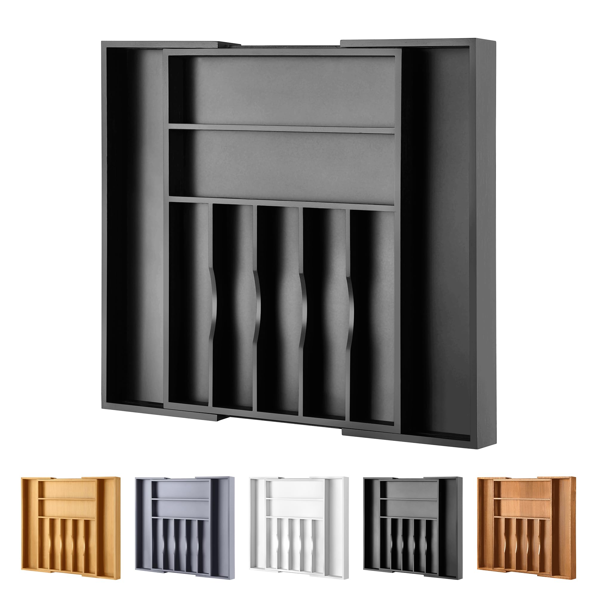 Large Premium Bamboo Silverware Organizer - Expandable Drawer Organizer & Utensil Organizer - 17"x19.7" Cutlery Tray with Dividers for Kitchen Utensils and Flatware (7-9 Slots) (Black)