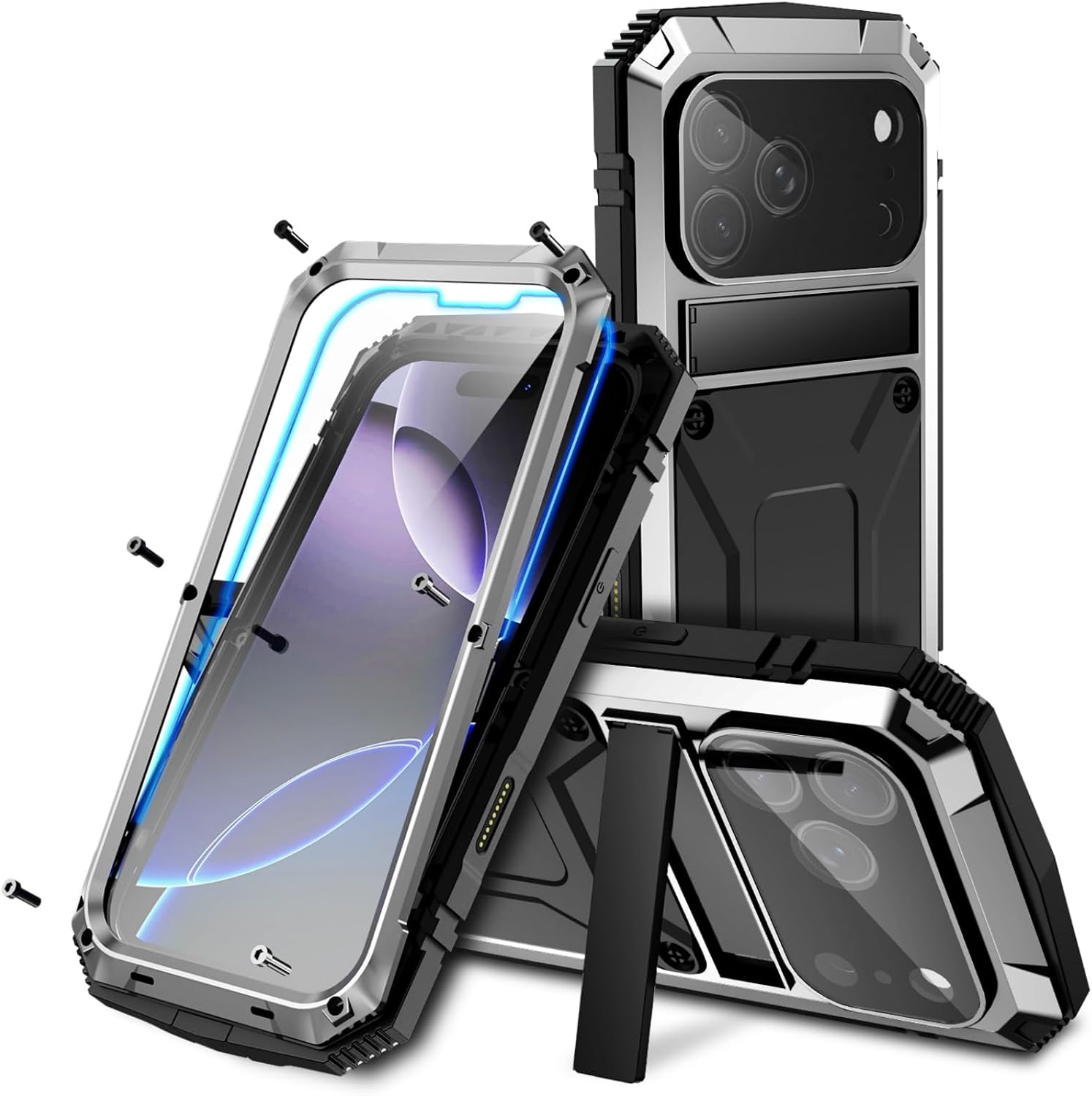 Case for iPhone 17 Pro, Full Body Military Grade Protection with Kickstand, Built-in Screen Protector, for Outdoor, Silver