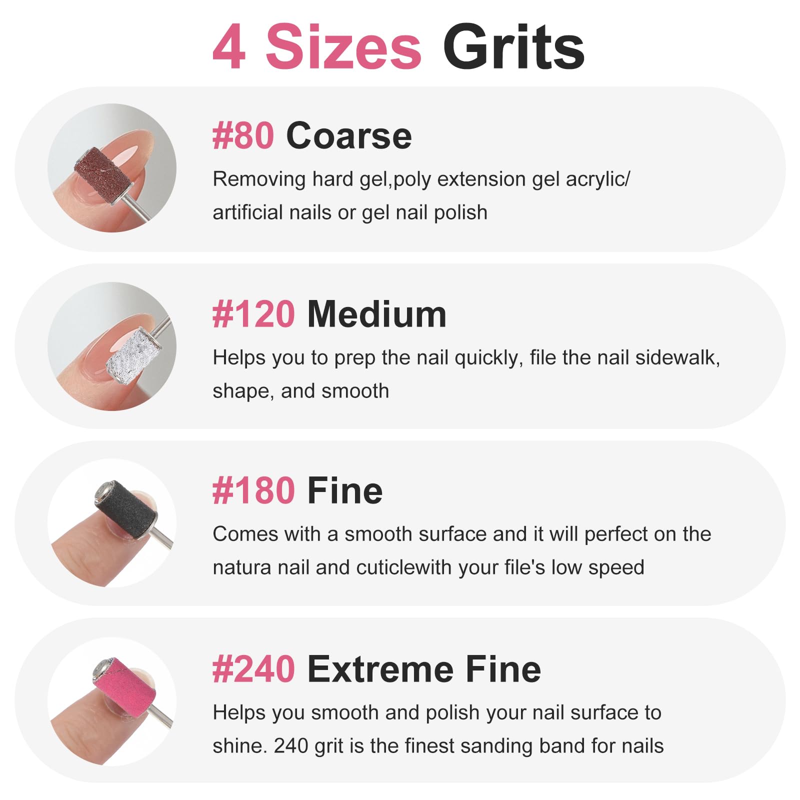 200 Pcs Nail Sanding Bands for Nail Drill 80/120/180/240 Grit Sanding Bands with 2 Silver Shafts - Image 3