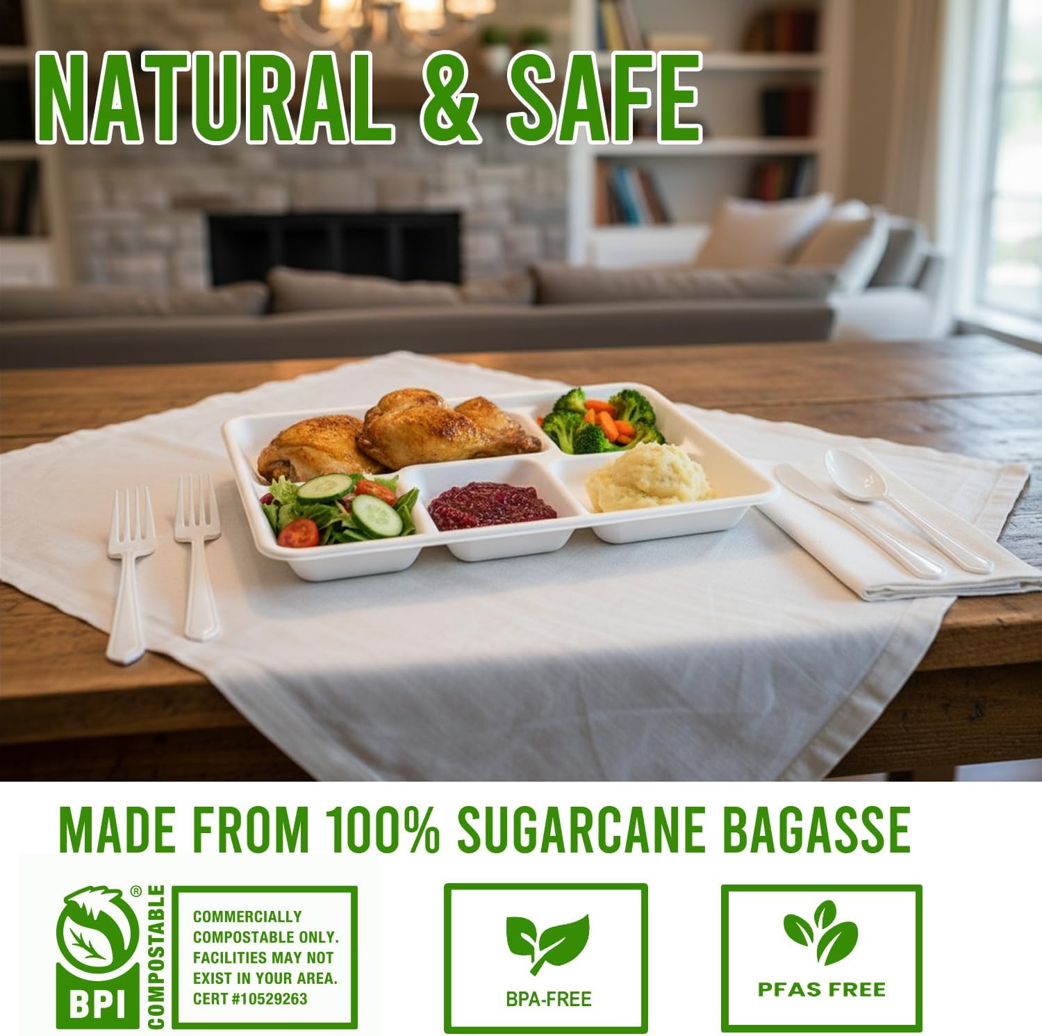 5 Compartment Compostable Heavy Duty Disposable Paper Plates, 150 Count | 10.2" X 8.3" | Natural Bagasse, White Biodegradable Eco-Friendly School Lunch, Buffet, Party Sugarcane Tray