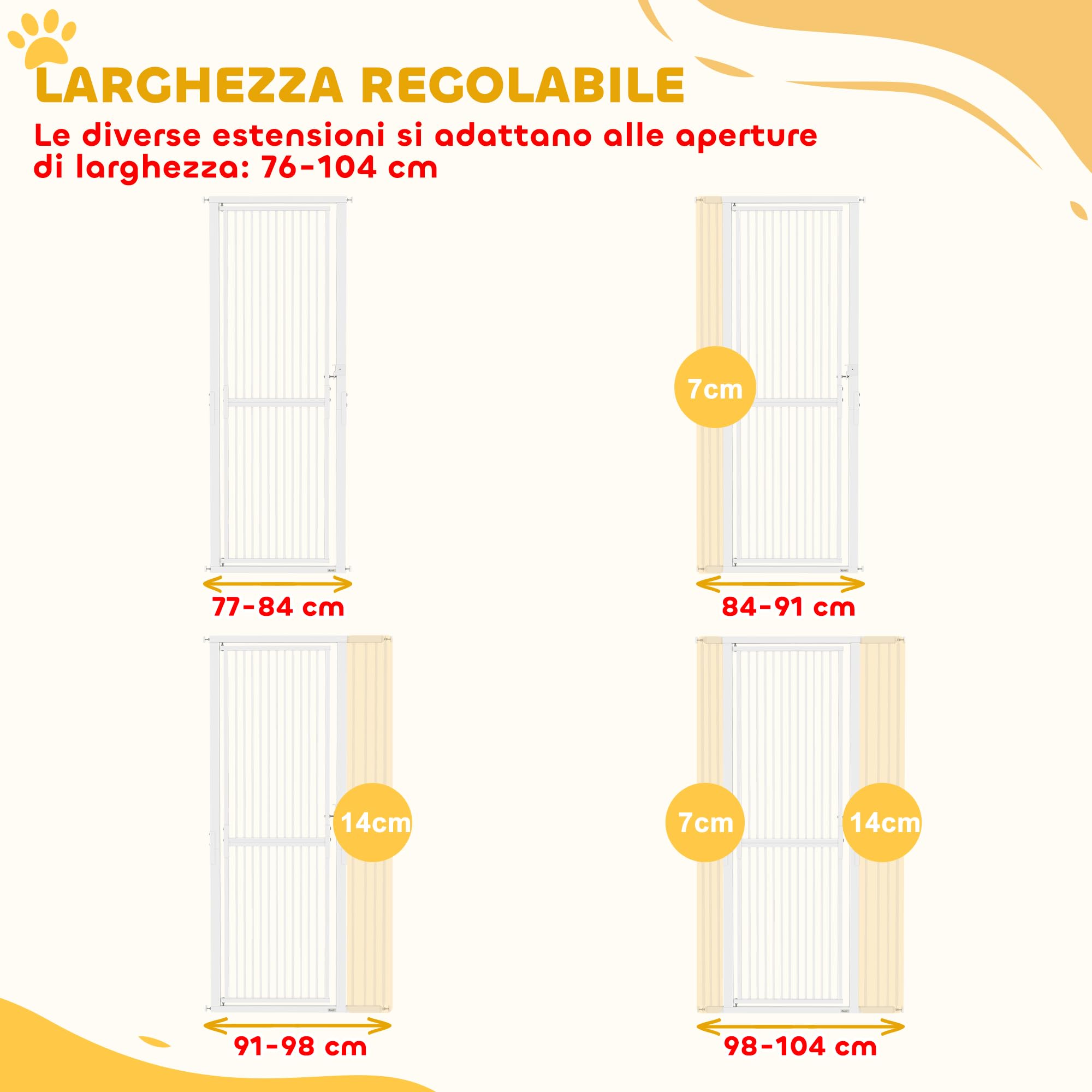 PawHut Cancelletto di Sicurezza per Cani Gatti 180cm, Estensibile 77-104 cm, Spazio 3.5cm, Bianco