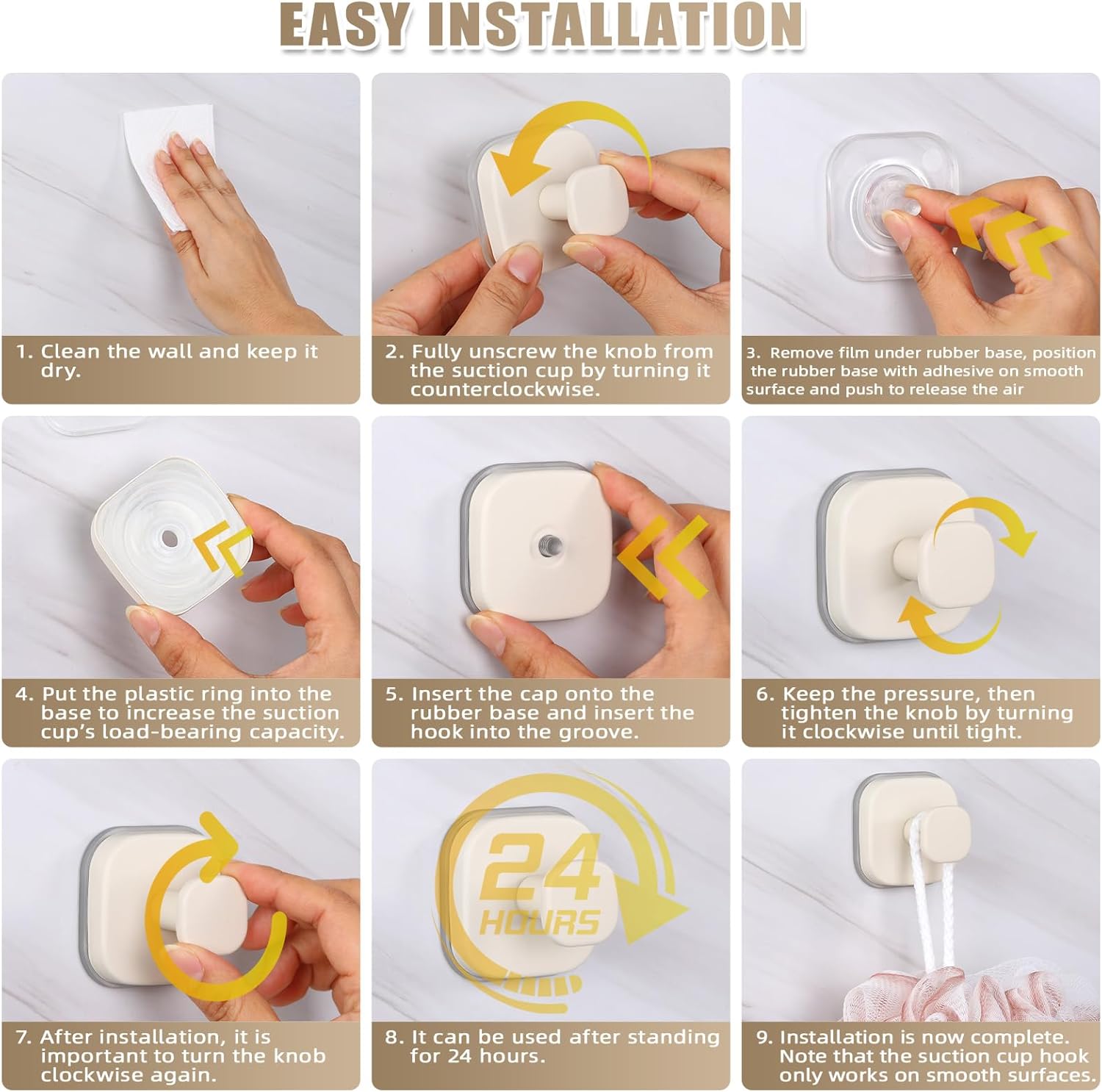 No-Drill Reusable Suction Cup Hooks, Towel, Robe, Loofah, Coat Hook for Glass, Mirror, Tile, Shower, Bathroom, Kitchen & Metal (Smooth, Non-Porous Surfaces) (4, Milk White)