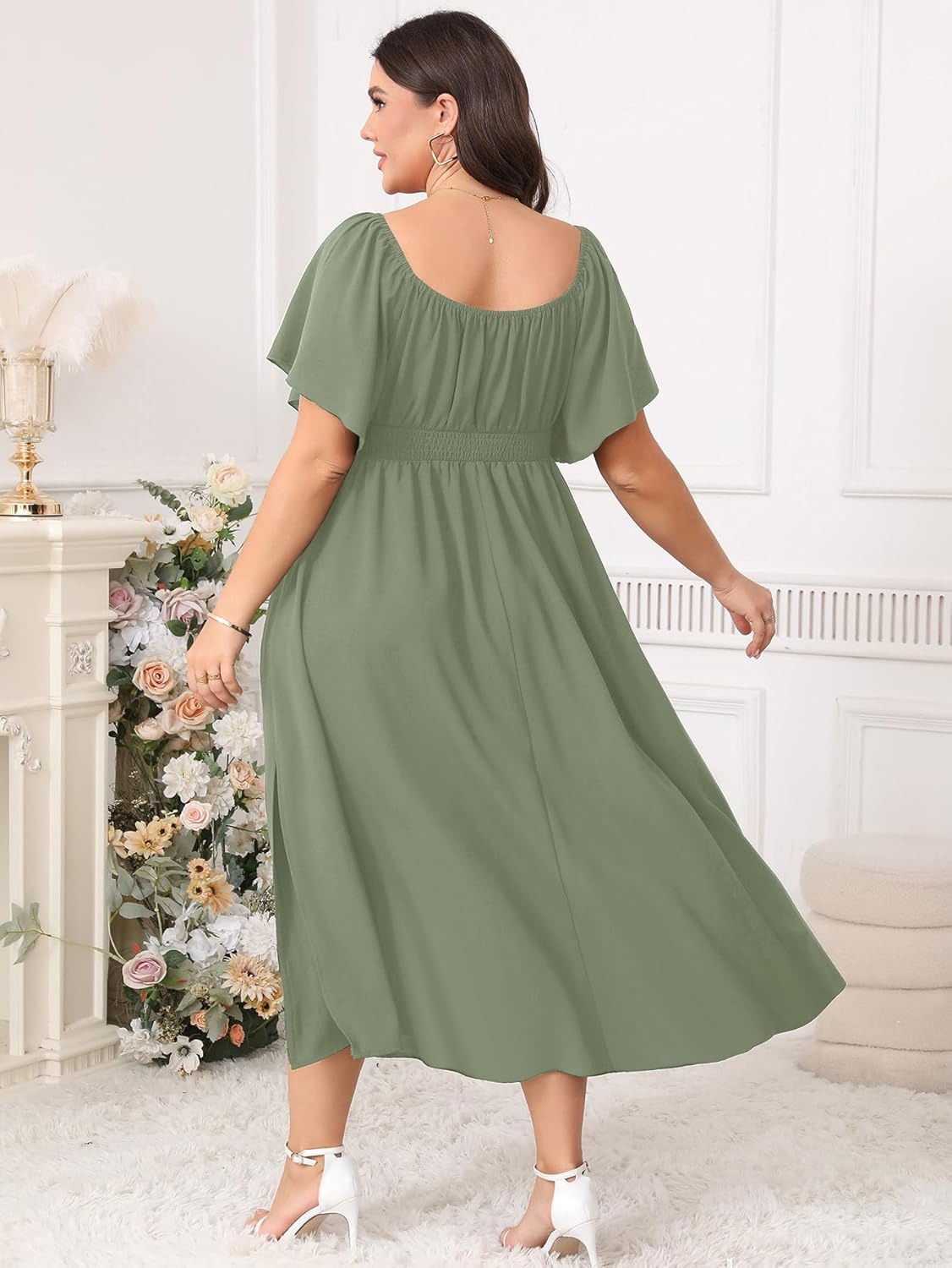 Women Plus Size Dress Wedding Guest Formal Ruffle Short Sleeve Square Neck Smocked Flowy A Line Slit Maxi Dresses - Image 3