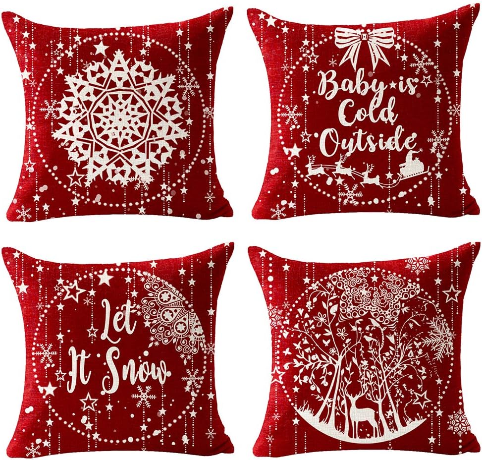 Andreannie Set of 4 Best Christmas Day Gift Pine Tree Merry Christmas Cross Jesus Cotton Linen Throw Pillow Case Cushion Cover Home Office Decorative Square 18 X 18 Inches (hot red)