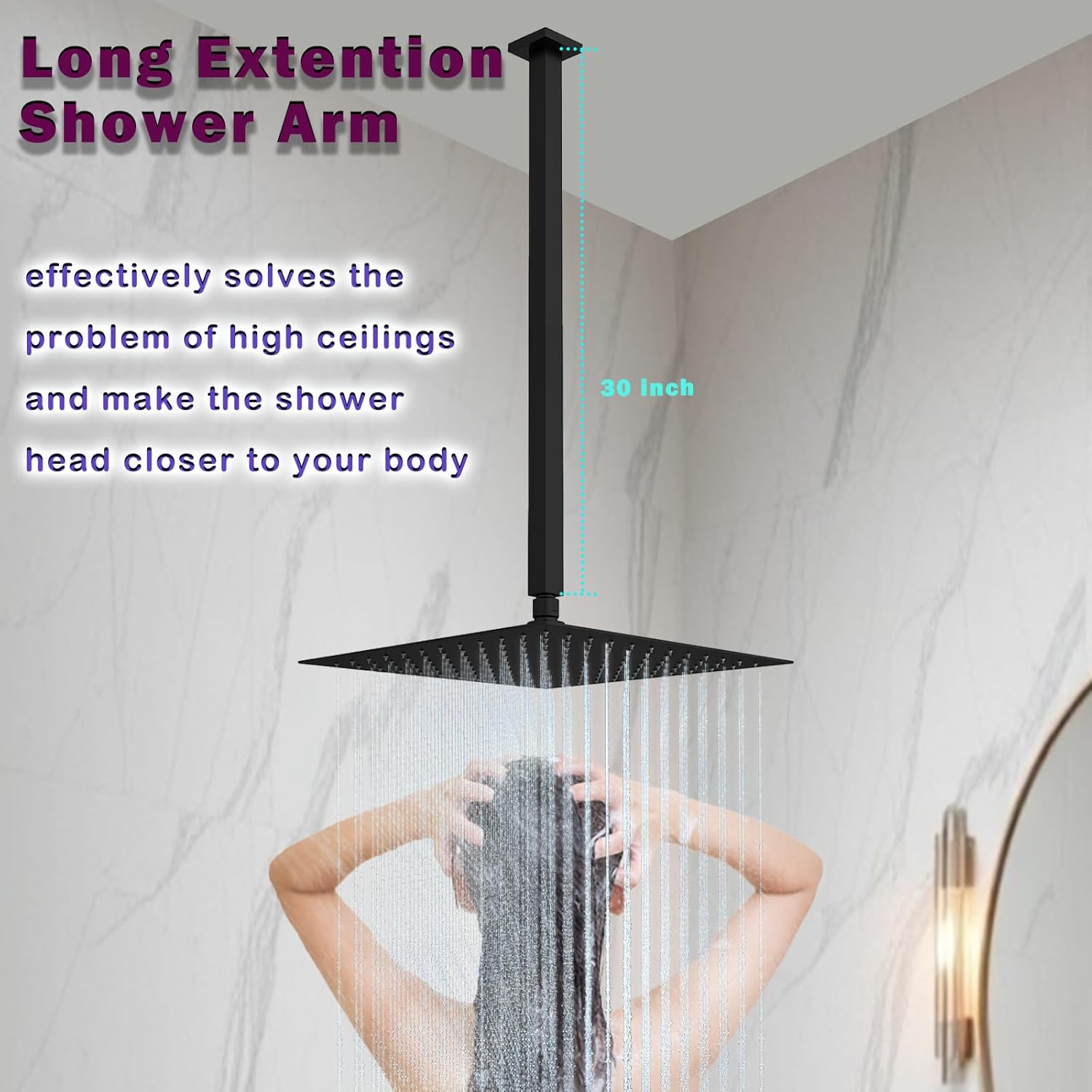 30 Inch Matte Black Square Ceiling Mounted Shower Arm and Flange