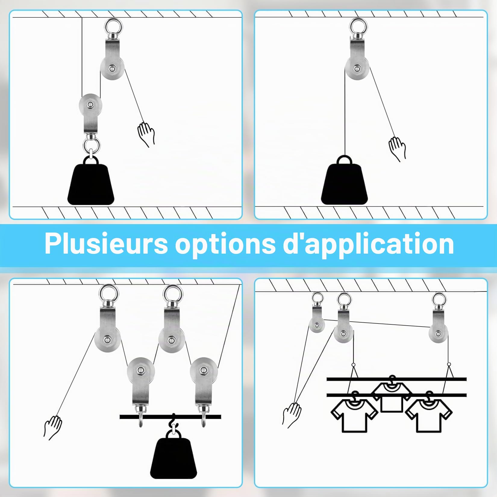 2 pièces Poulie de Levage, Poulie de Levage pour Cable Acier 16 mm Maximum, Poulie Musculation, Portantes 500 kg (48mm)