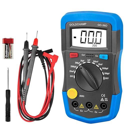 GOLDCHAMP Capacitor Tester Multimeter Capacitance Meter 200pF-20mF Meter Capacitor Handheld Multimeter Tester with Multi Testers Manual Range Measure Tool, Back Light, Data Hold