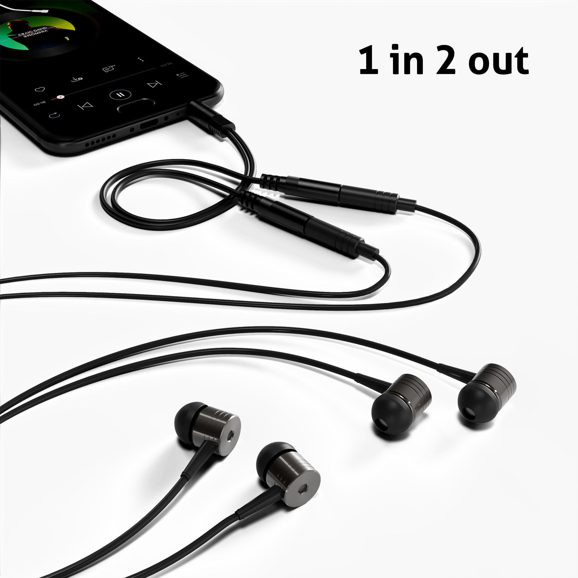HDSupply Splitter audio, kabel Y, 3,5 mm pomocniczy adapter Y do dwóch słuchawek, podwójny 3-biegunowy stereo wtyczka rozdzielacz słuchawek, telefon komórkowy, smartfon, PC, czarny